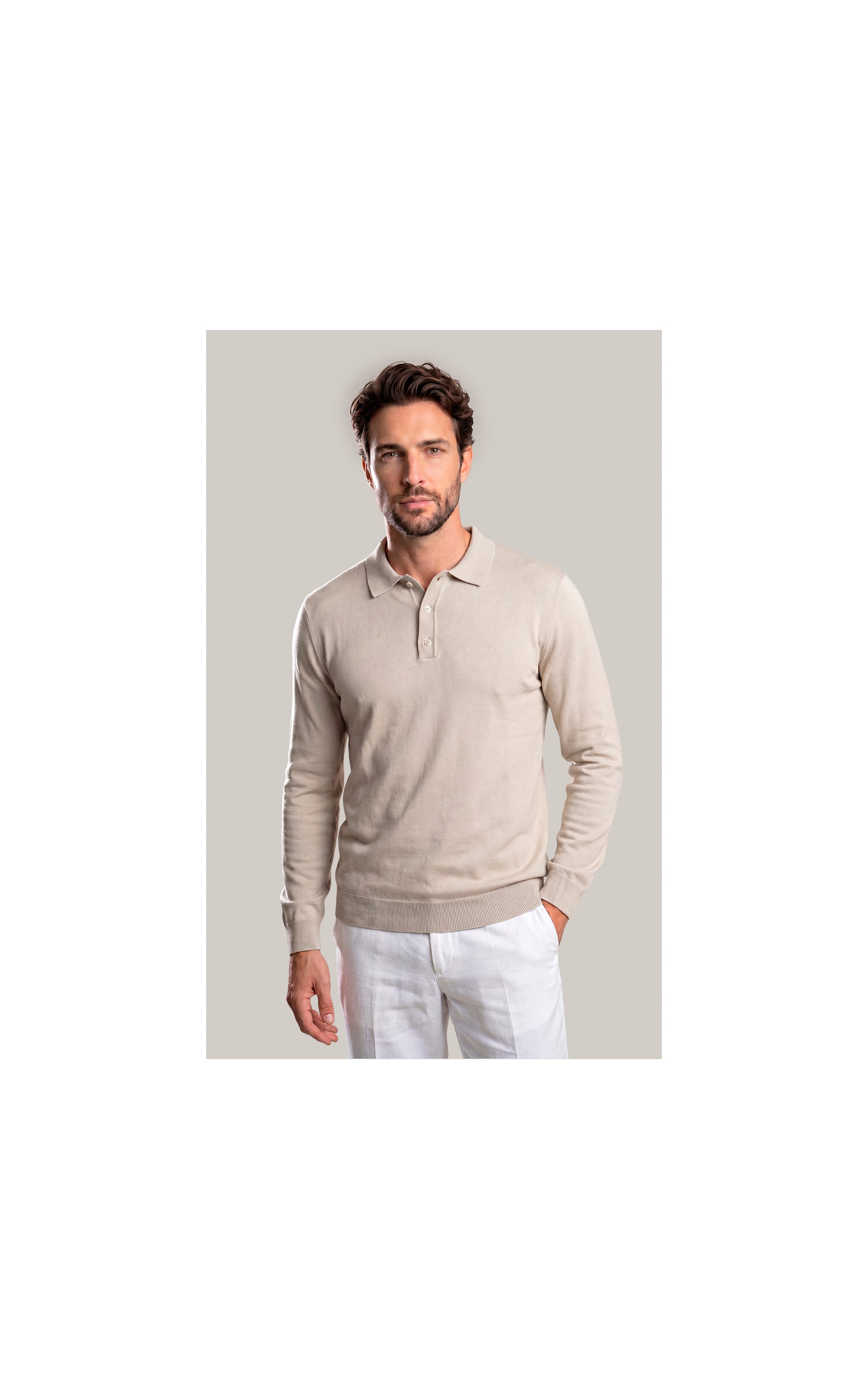 Tricot Polo Manga Longa Areia