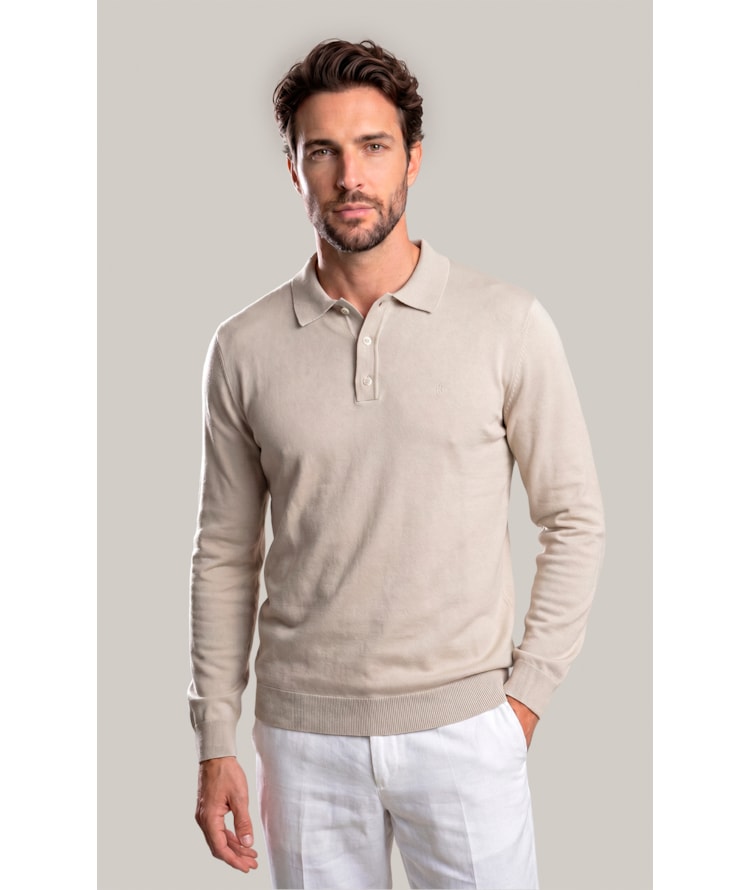 Tricot Polo Manga Longa Areia
