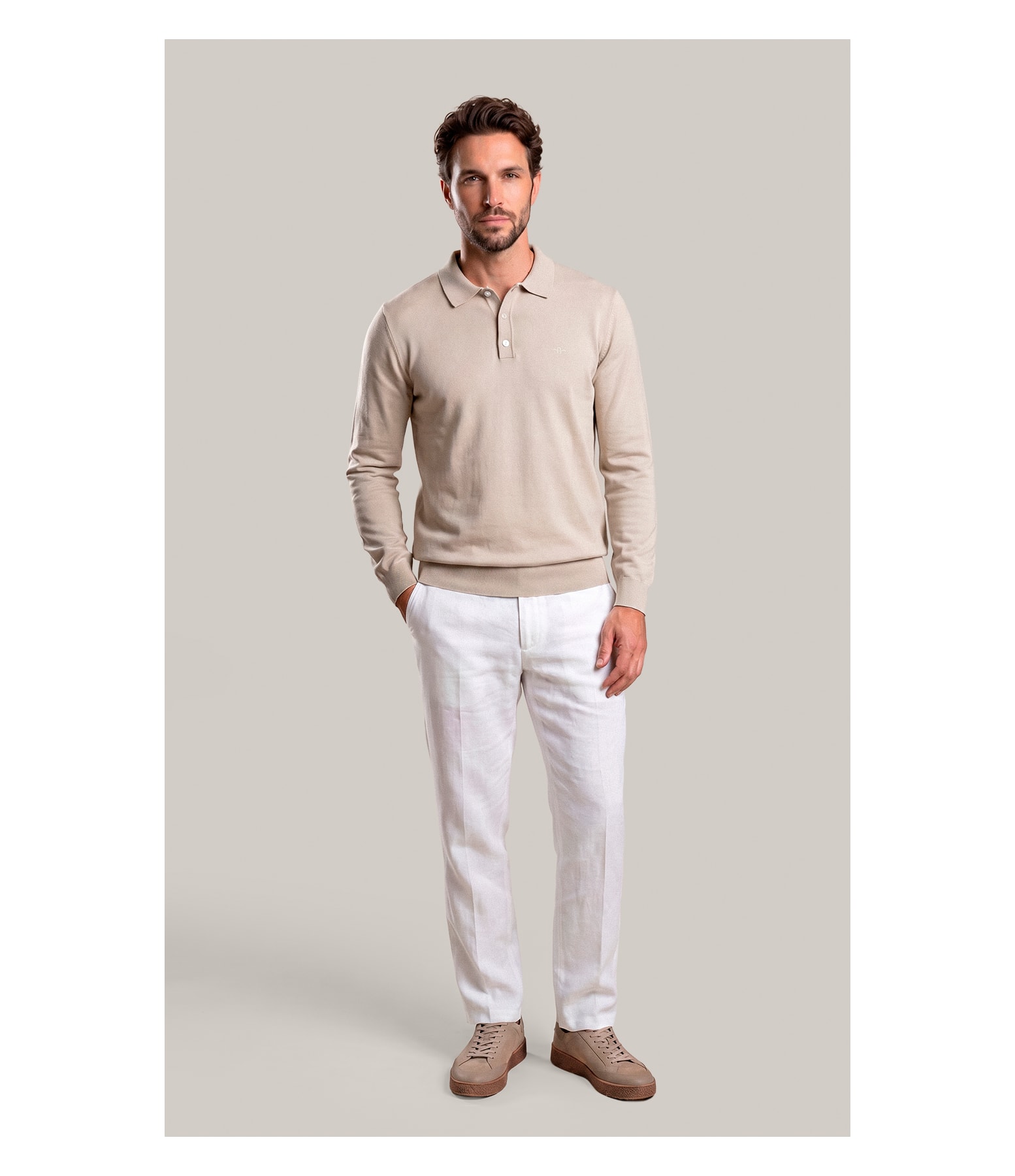 Tricot Polo Manga Longa Areia