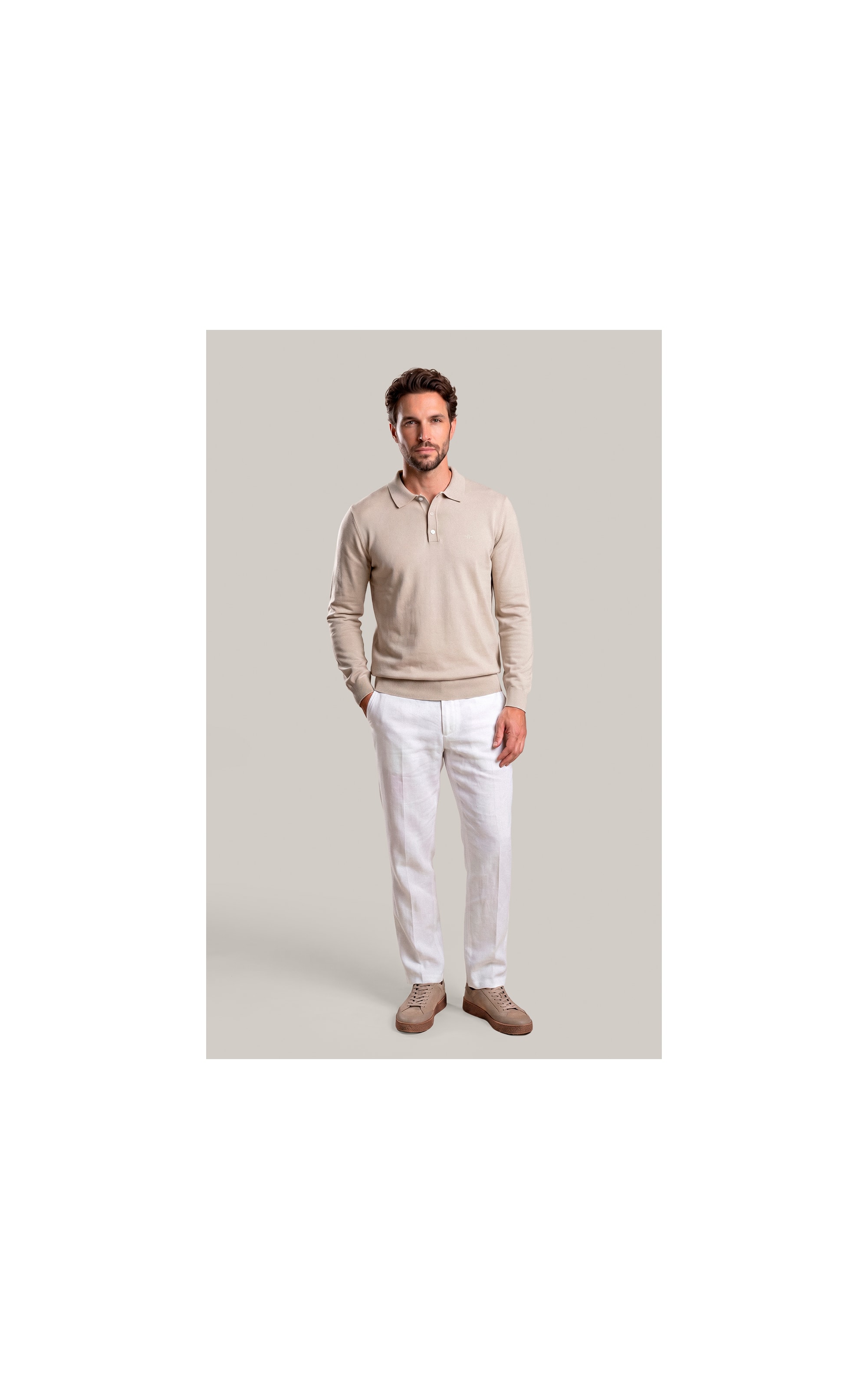 Tricot Polo Manga Longa Areia