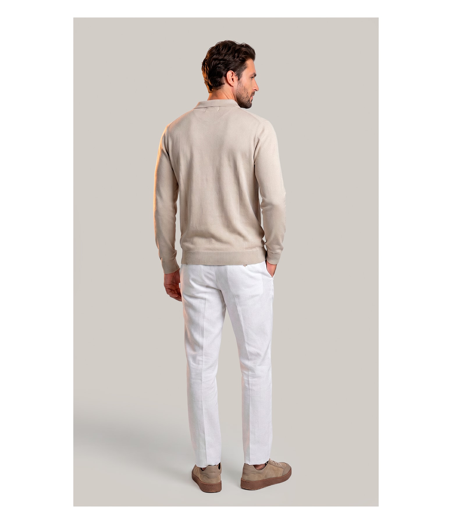 Tricot Polo Manga Longa Areia