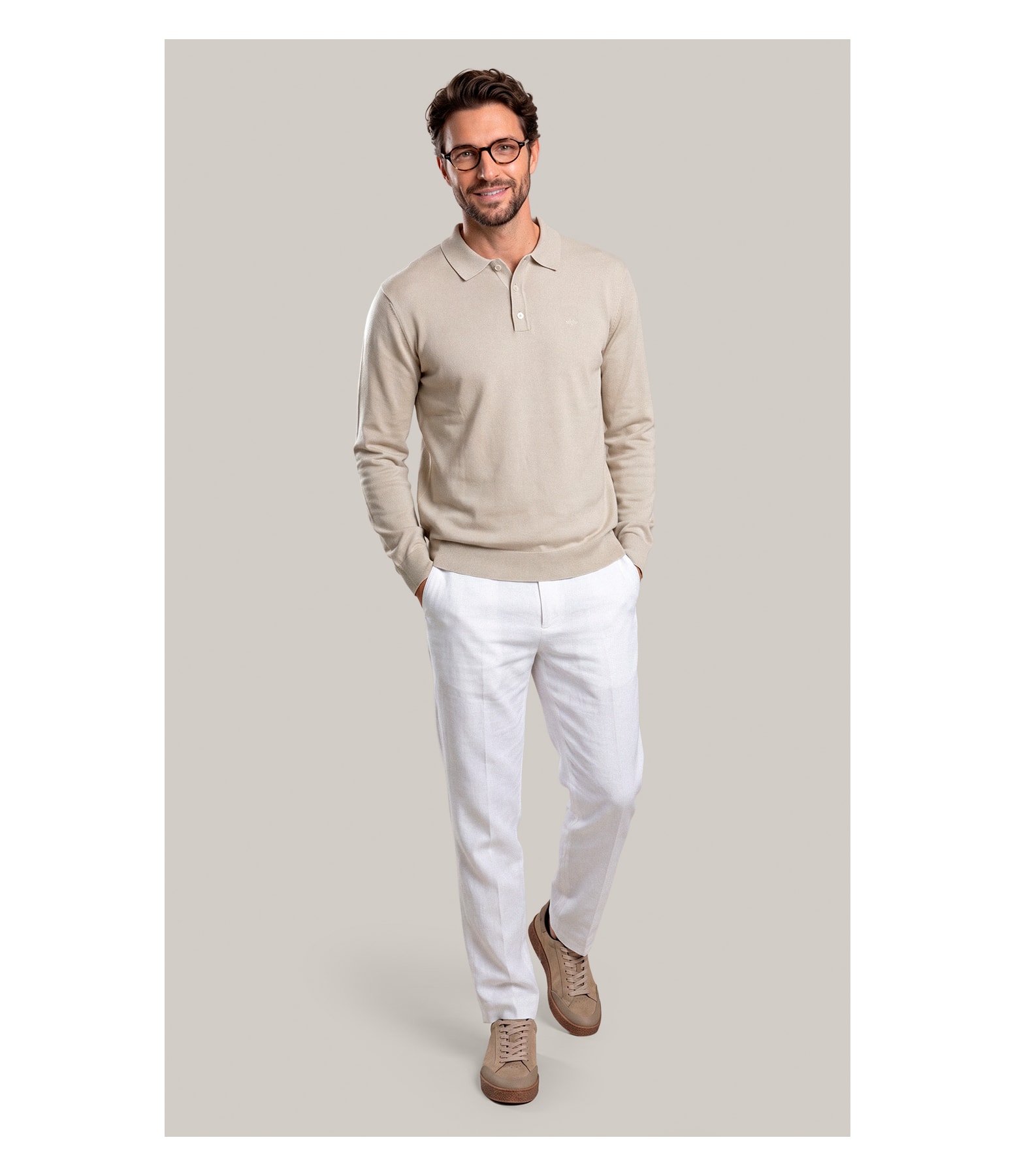 Tricot Polo Manga Longa Areia