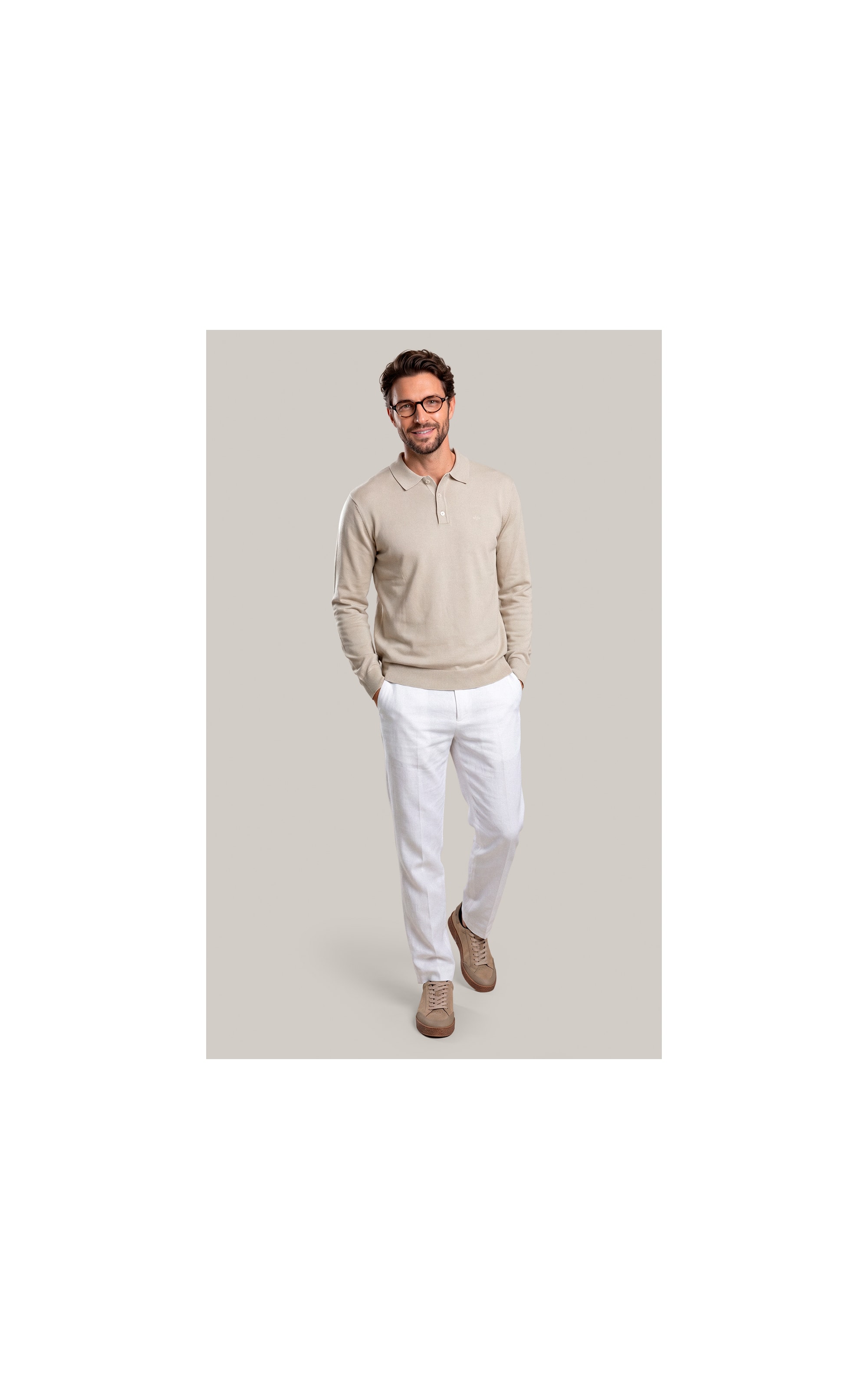 Tricot Polo Manga Longa Areia