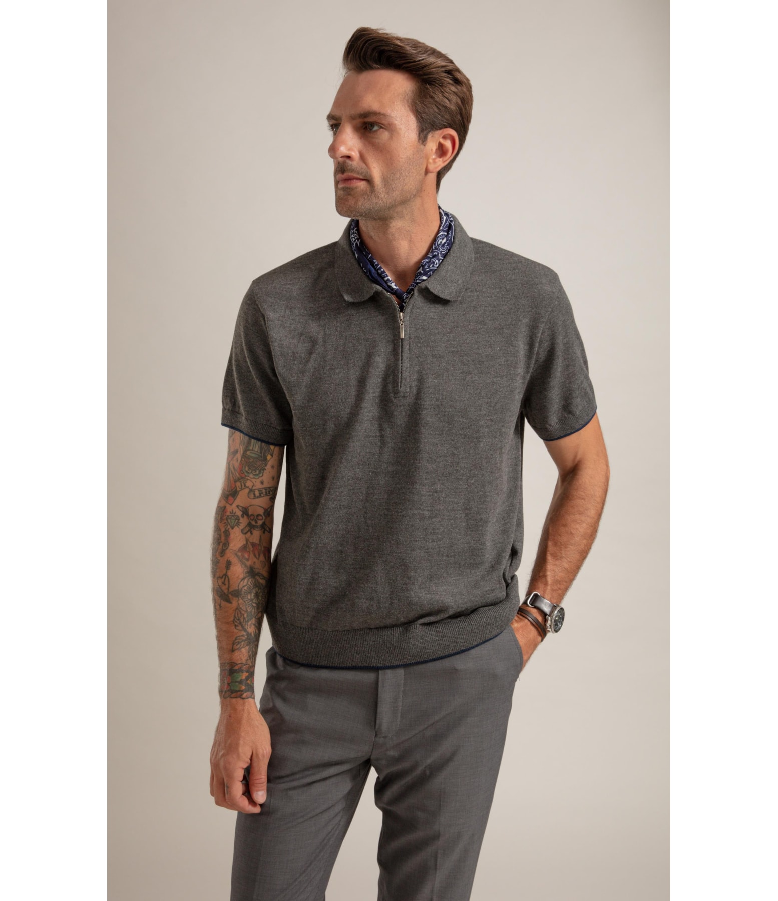 Tricot Polo Reggio Zíper Tech Chumbo Mescla