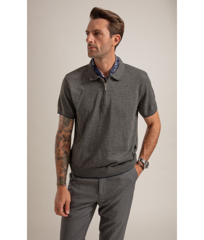 Tricot Polo Reggio Zíper Tech Chumbo Mescla
