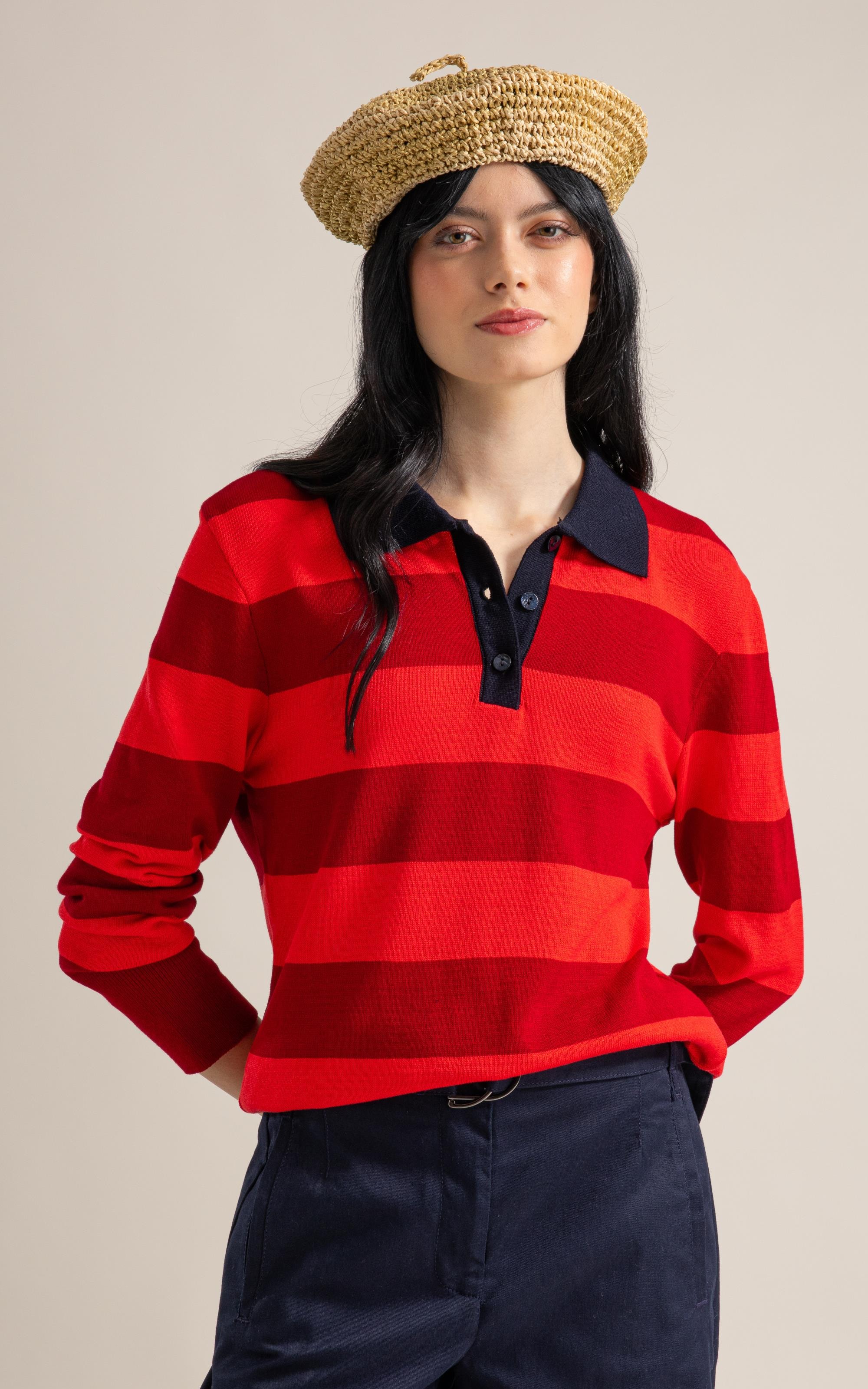 Tricot Polo Thami Modal Listrado Vermelho