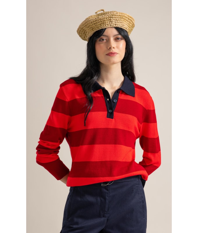 Tricot Polo Thami Modal Listrado Vermelho