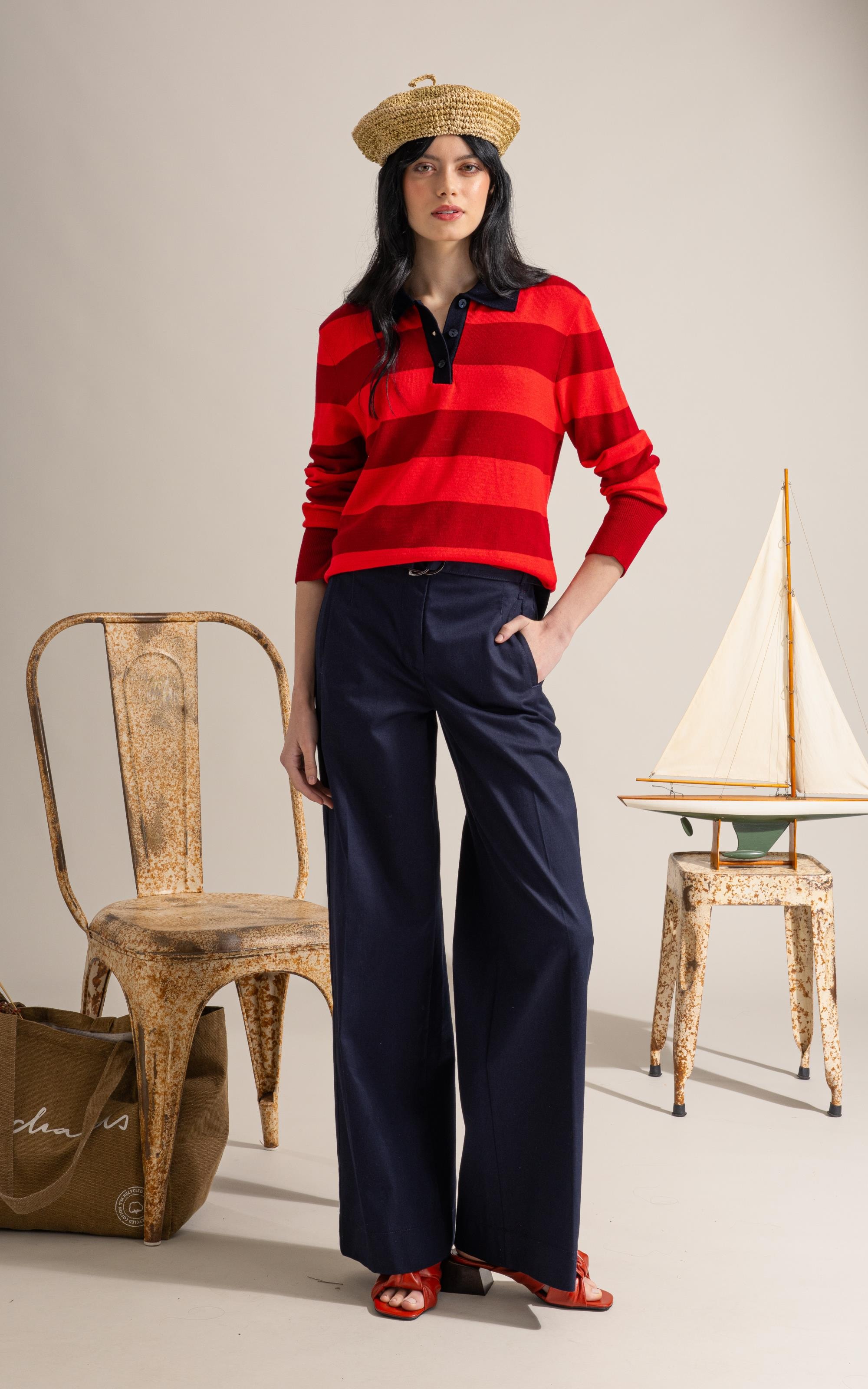 Tricot Polo Thami Modal Listrado Vermelho
