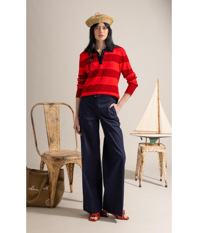 Tricot Polo Thami Modal Listrado Vermelho