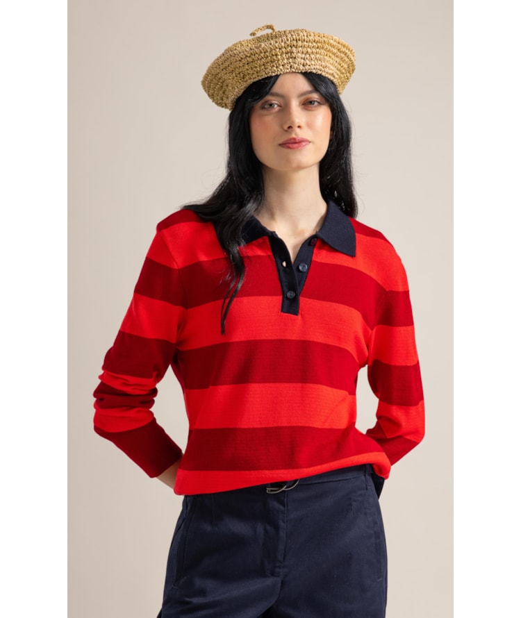 Tricot Polo Thami Modal Listrado Vermelho