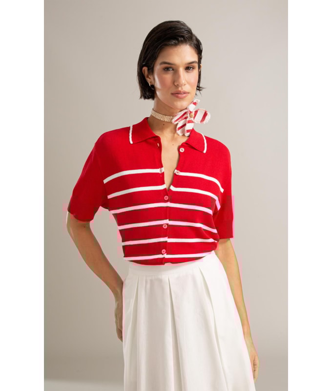 Tricot Polo Tita Listrado Vermelho