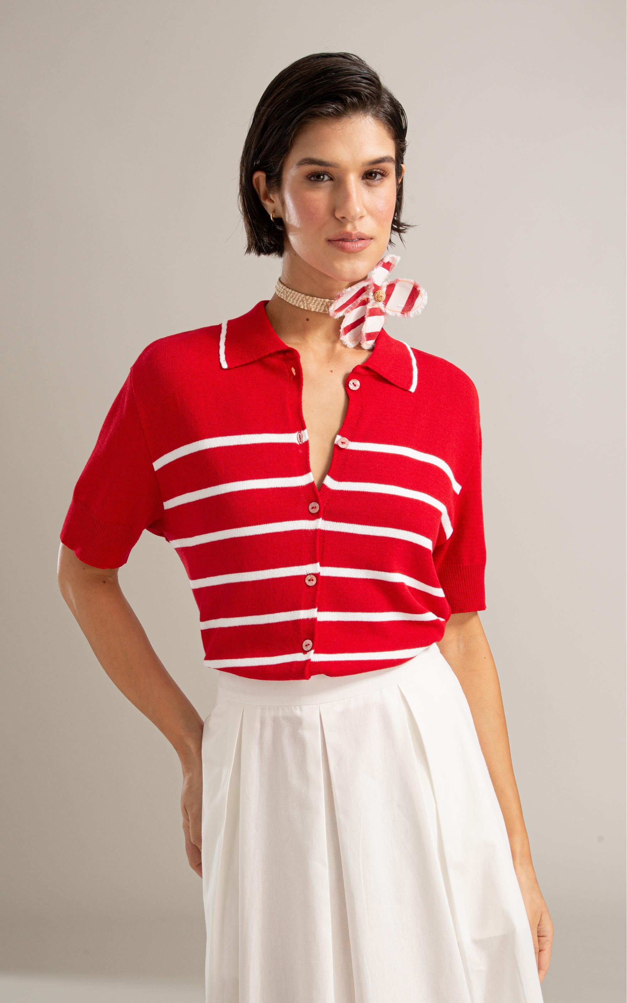 Tricot Polo Tita Listrado Vermelho