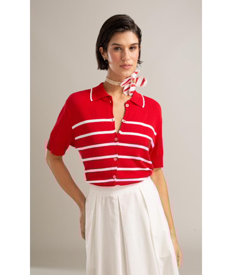 Tricot Polo Tita Listrado Vermelho