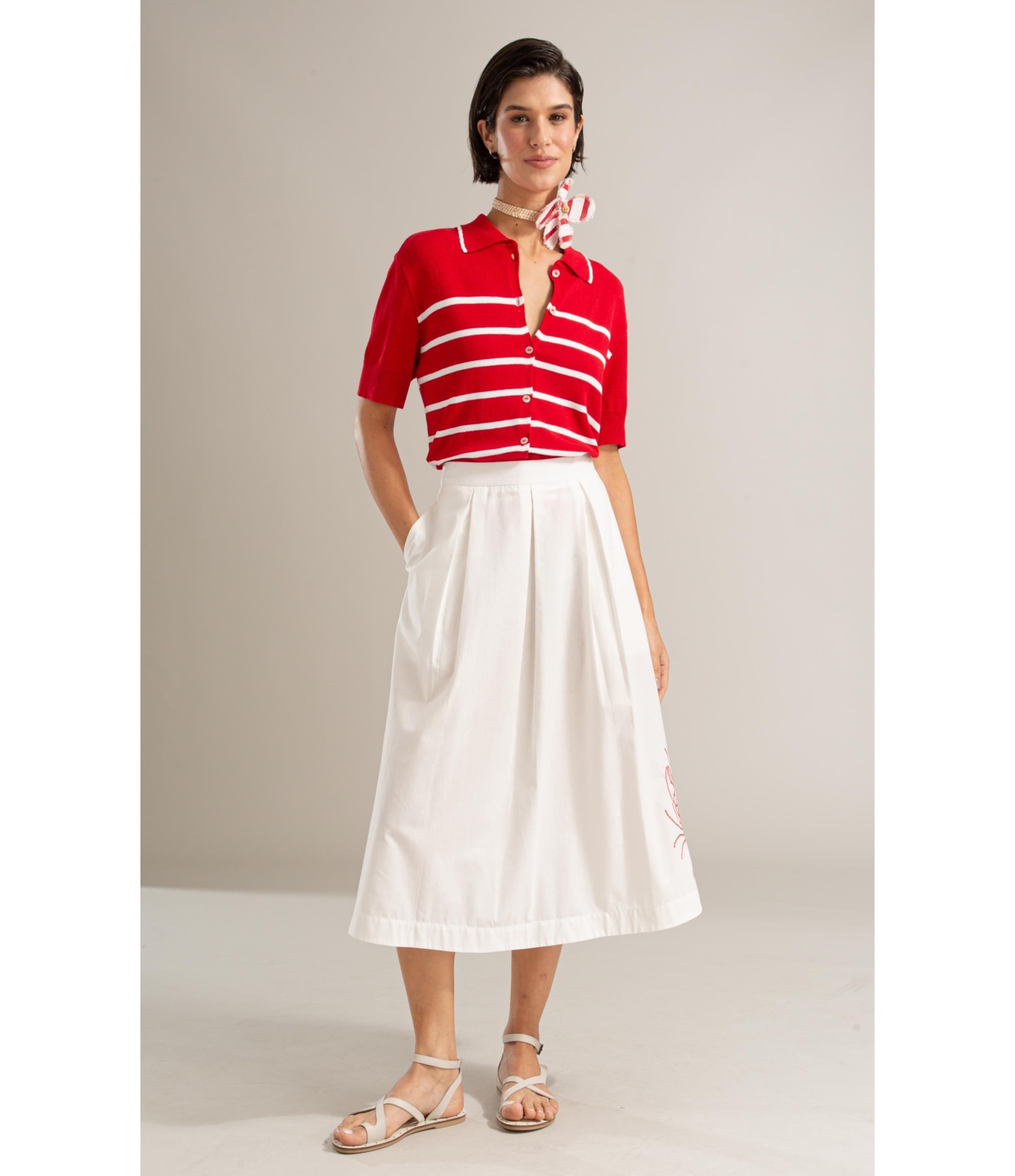 Tricot Polo Tita Listrado Vermelho