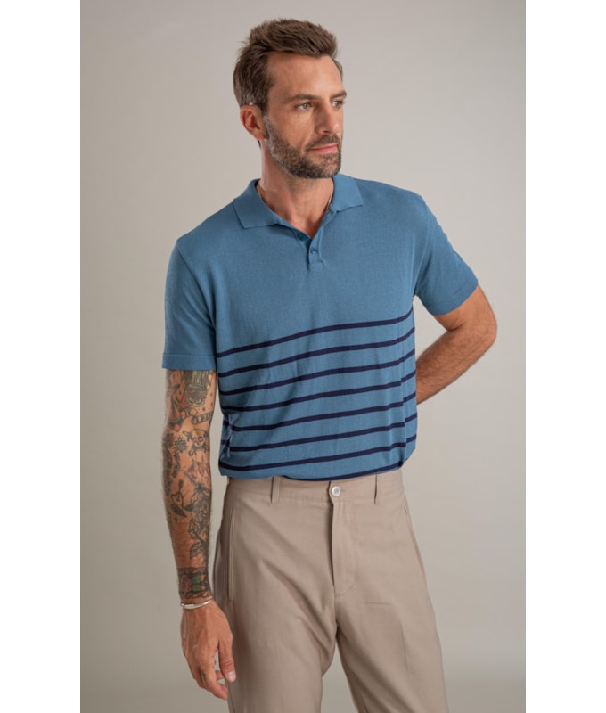 Tricot Polo Vitor Mm Listrado Azul Jeans