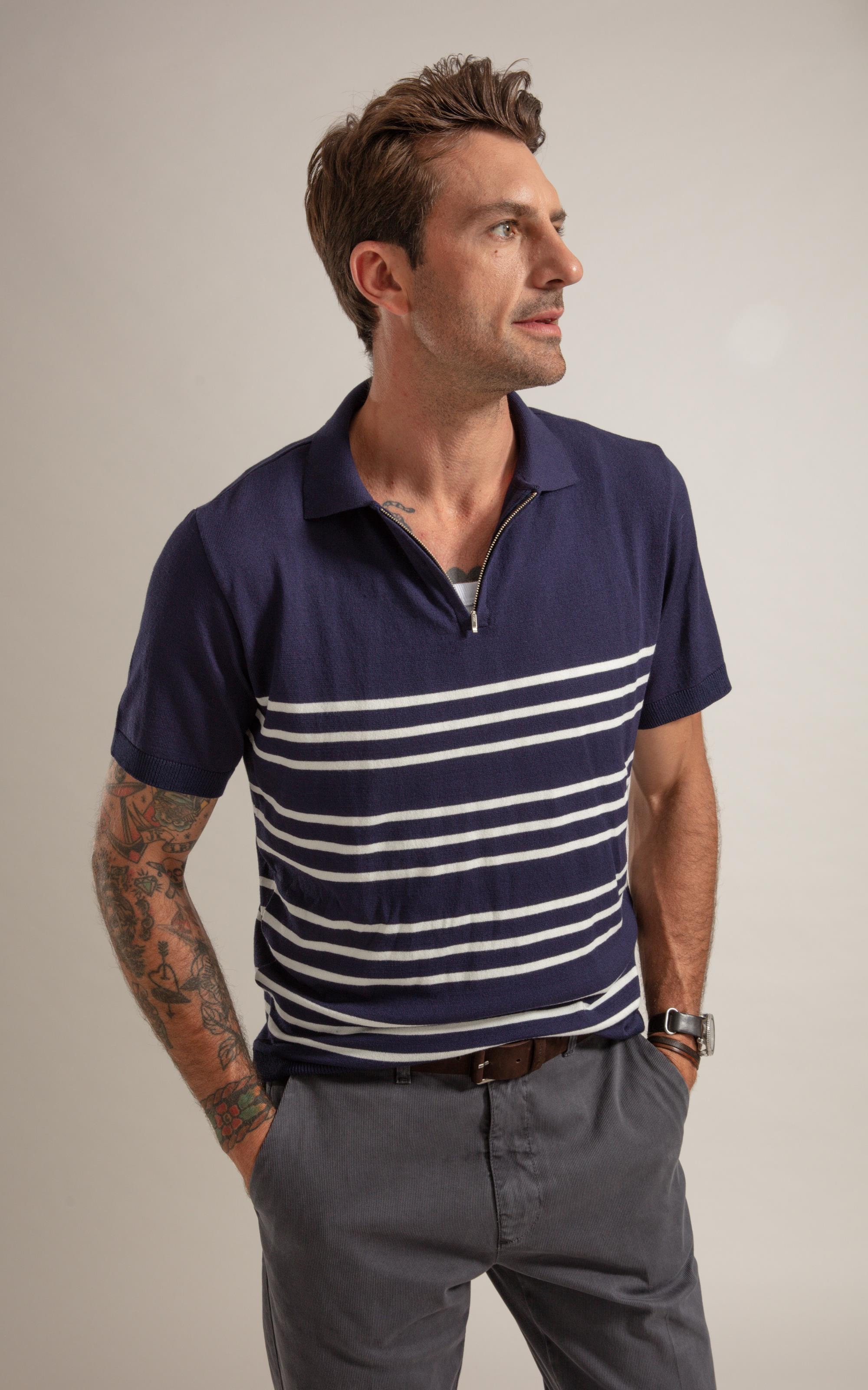 Tricot Polo Zíper Listrado Dark Navy