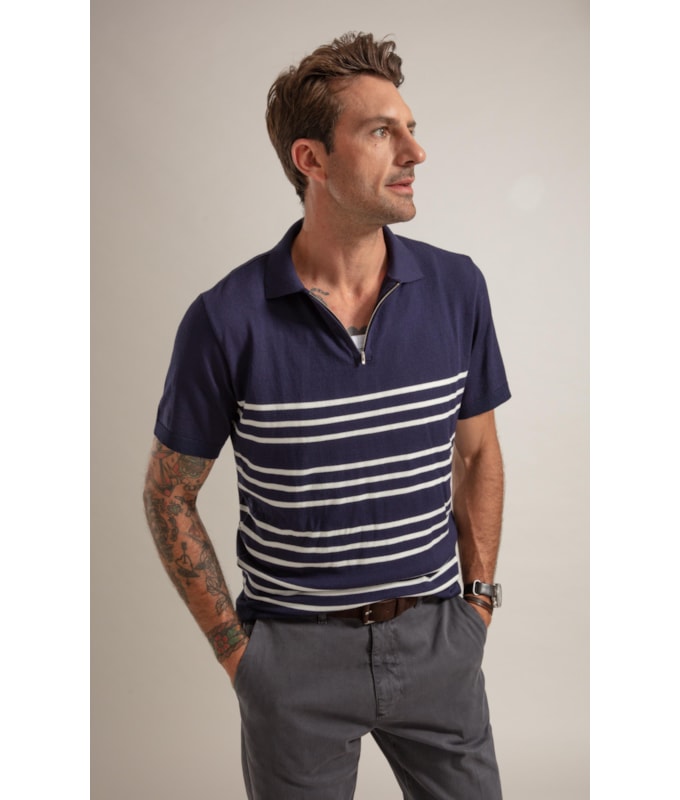 Tricot Polo Zíper Listrado Dark Navy