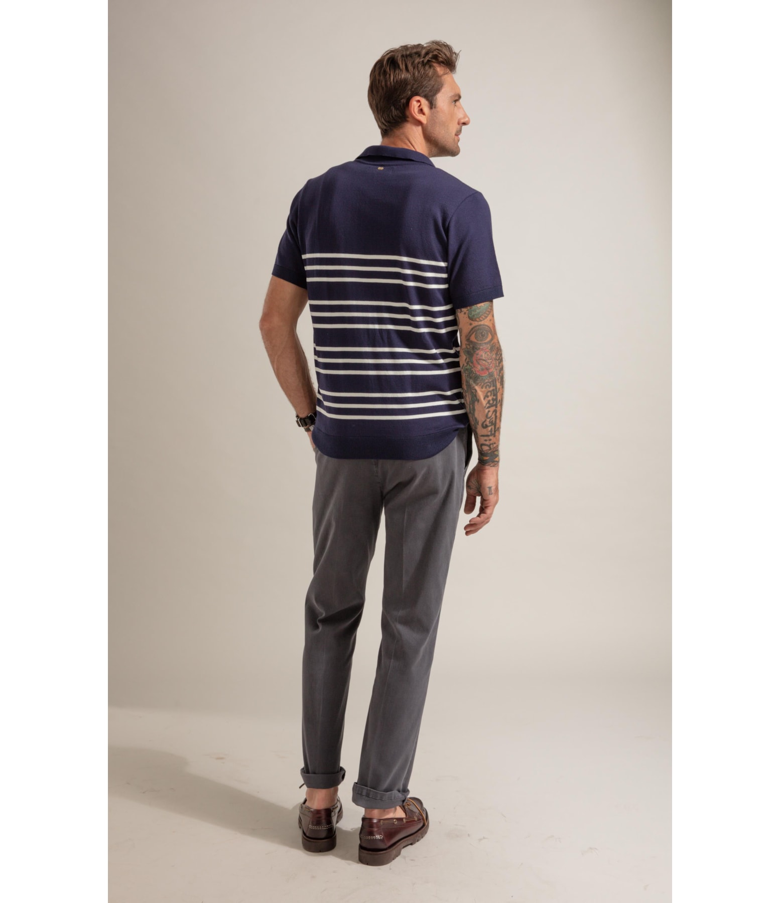 Tricot Polo Zíper Listrado Dark Navy