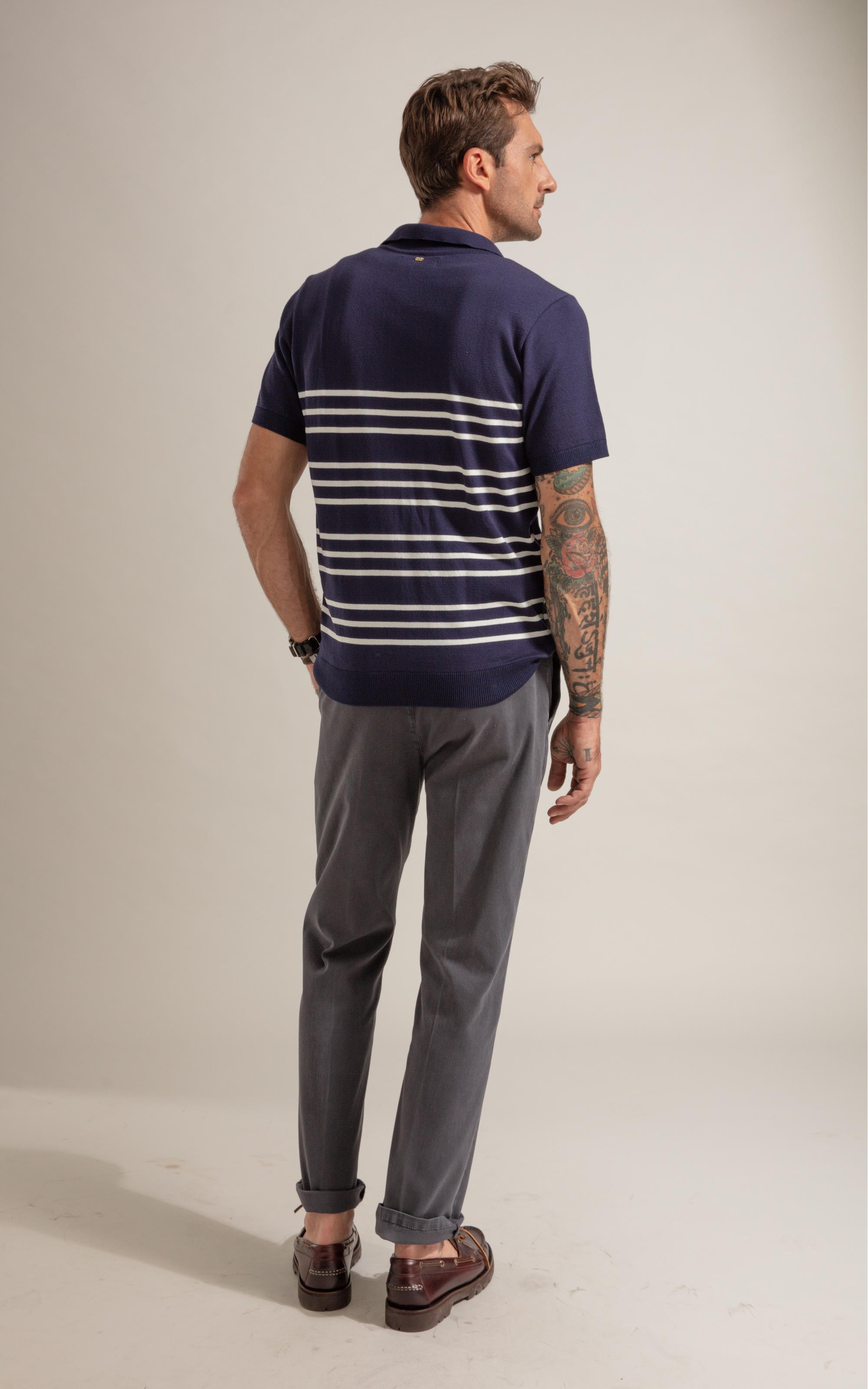 Tricot Polo Zíper Listrado Dark Navy