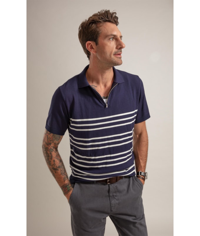 Tricot Polo Zíper Listrado Dark Navy