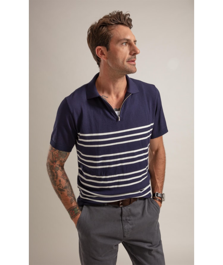 Tricot Polo Zíper Listrado Dark Navy