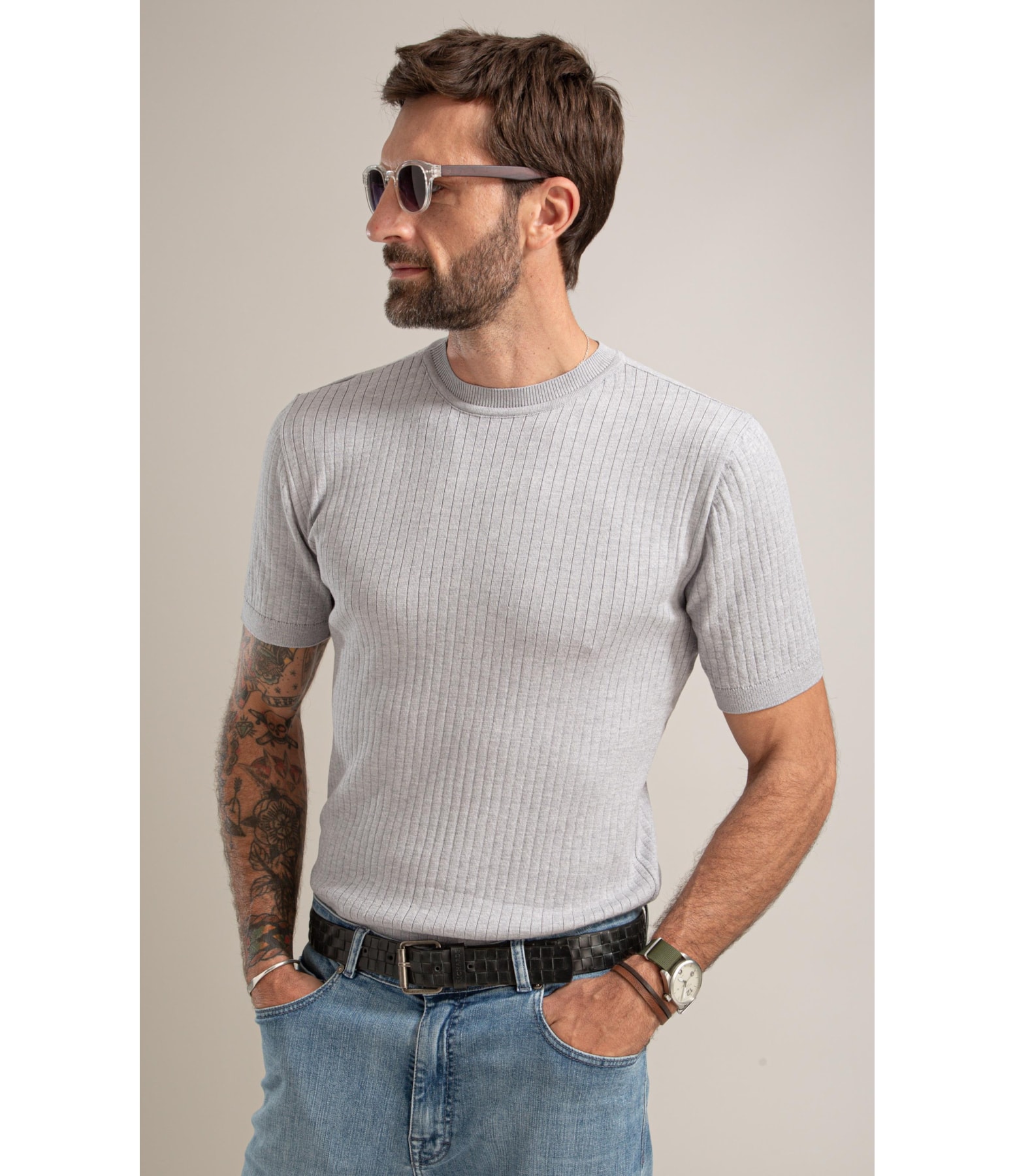 Tricot T-Shirt Cael Canelado Mc Cinza Claro