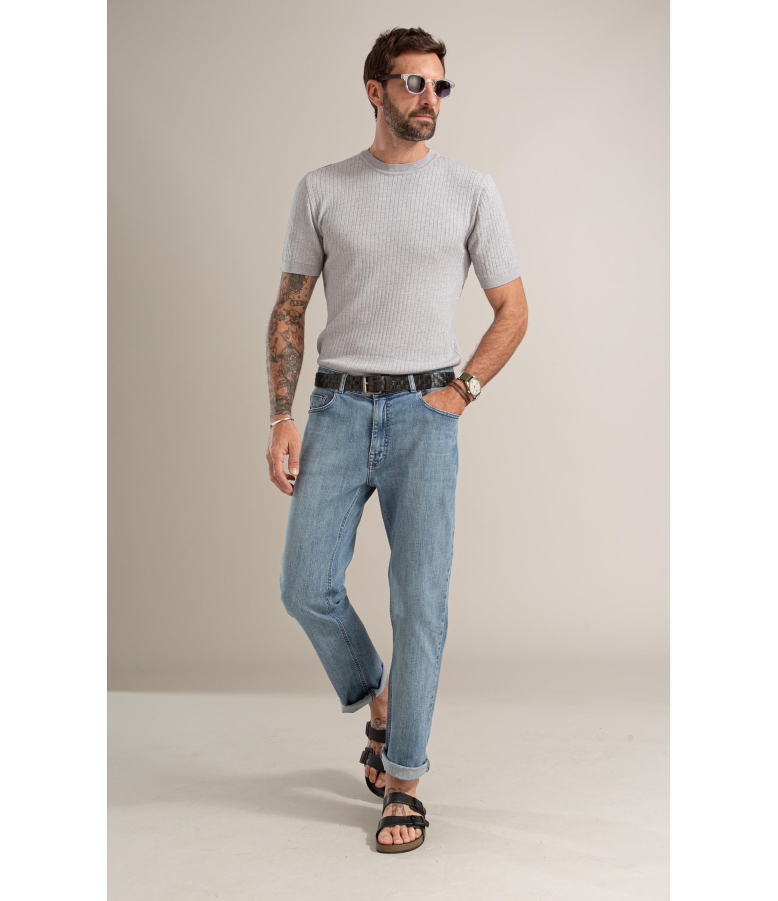 Tricot T-Shirt Cael Canelado Mc Cinza Claro