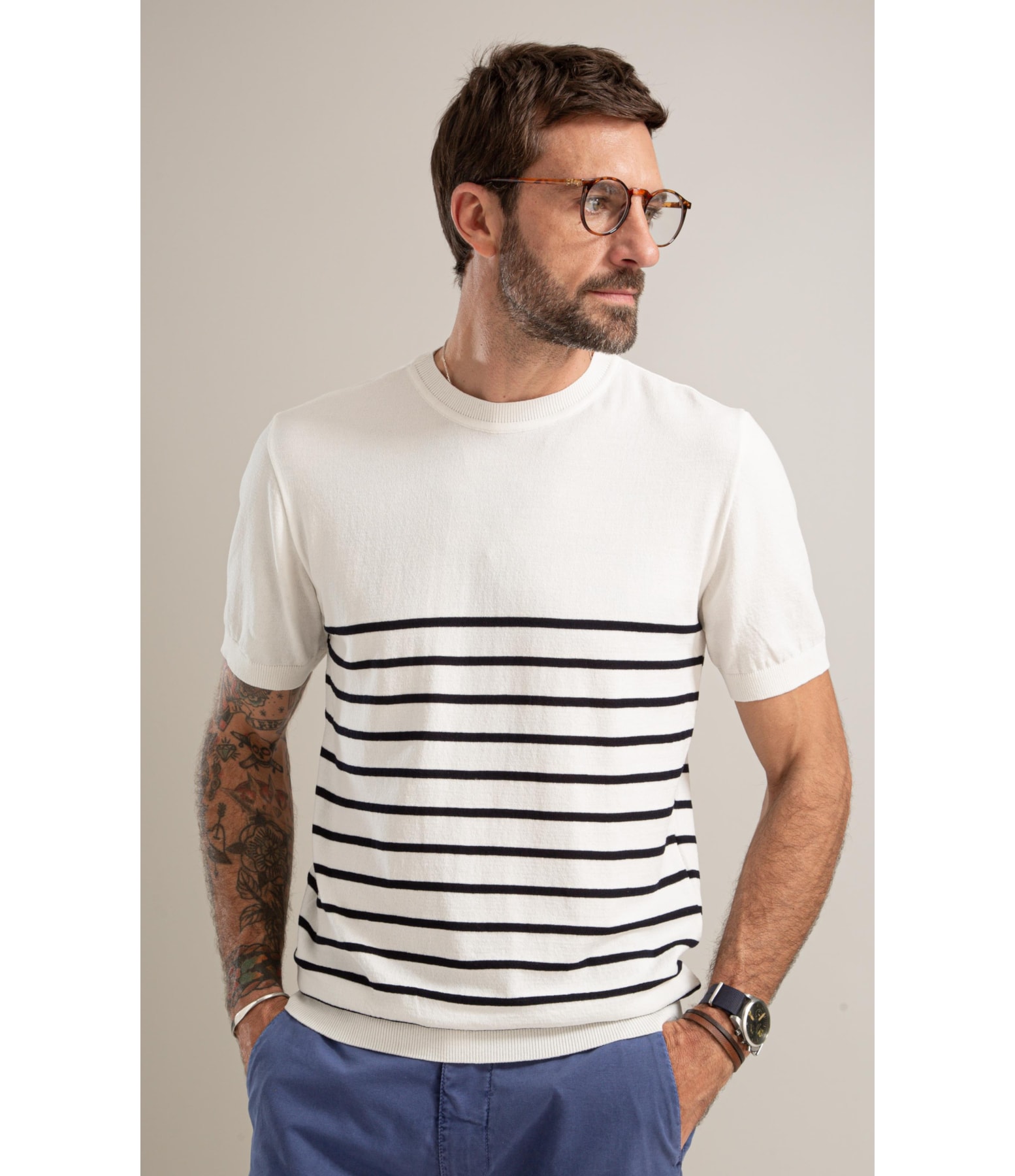 Tricot T-Shirt Eron Modal Listrado Mc Dark Navy