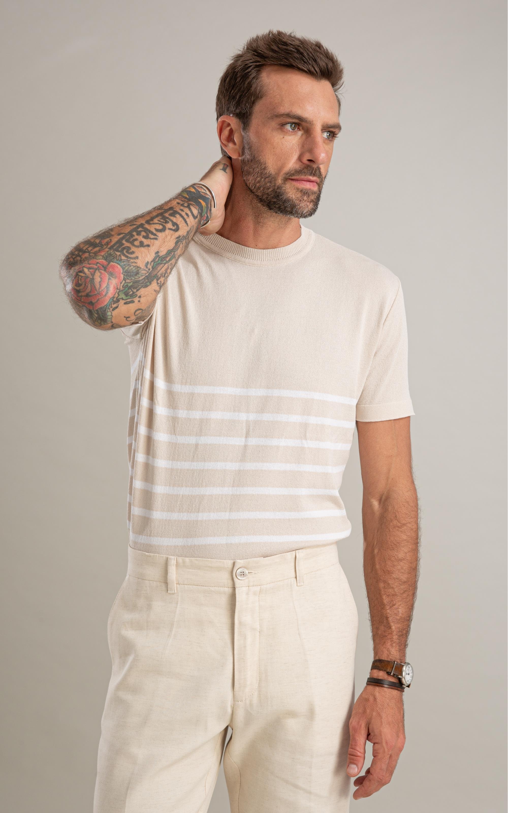 Tricot T-Shirt Icaro Mm Listrado Areia