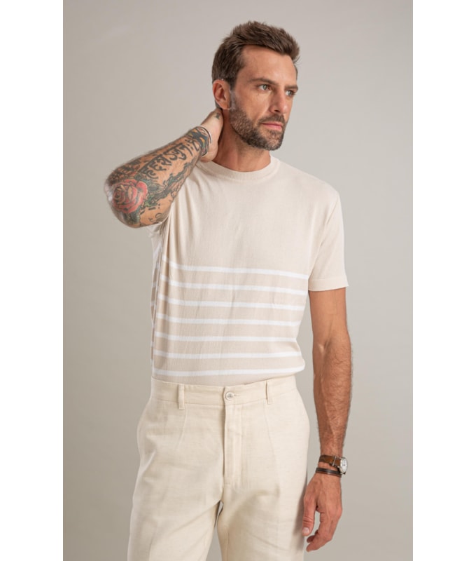 Tricot T-Shirt Icaro Mm Listrado Areia
