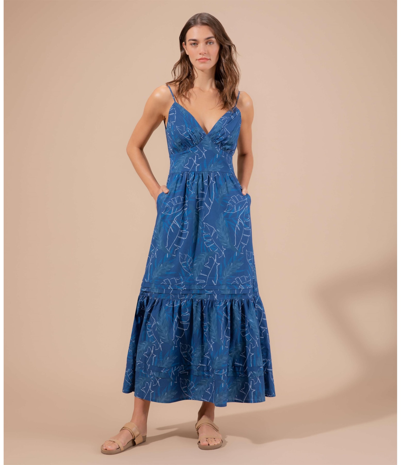 Vestido Alice Algodao Est Folhagem Marinho
