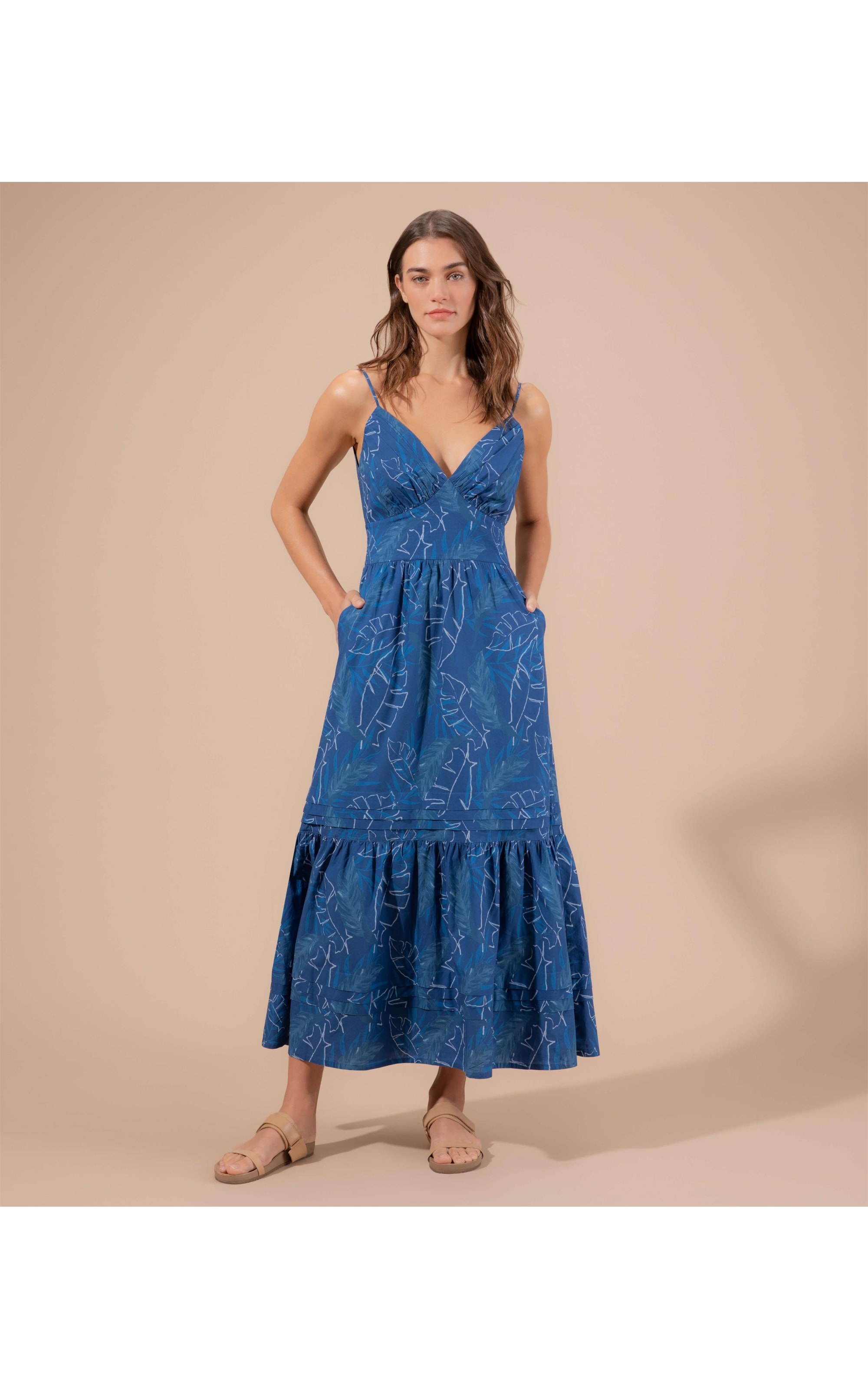 Vestido Alice Algodao Est Folhagem Marinho