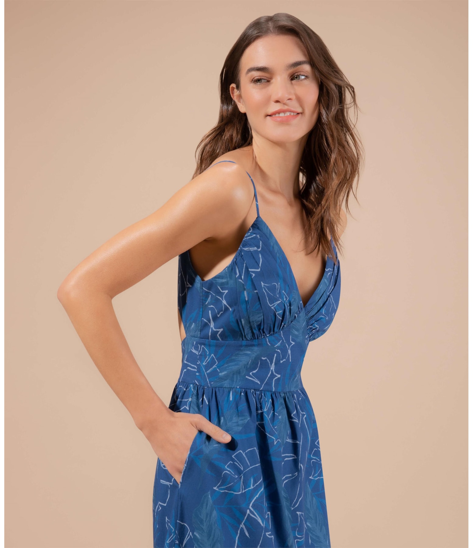 Vestido Alice Algodao Est Folhagem Marinho