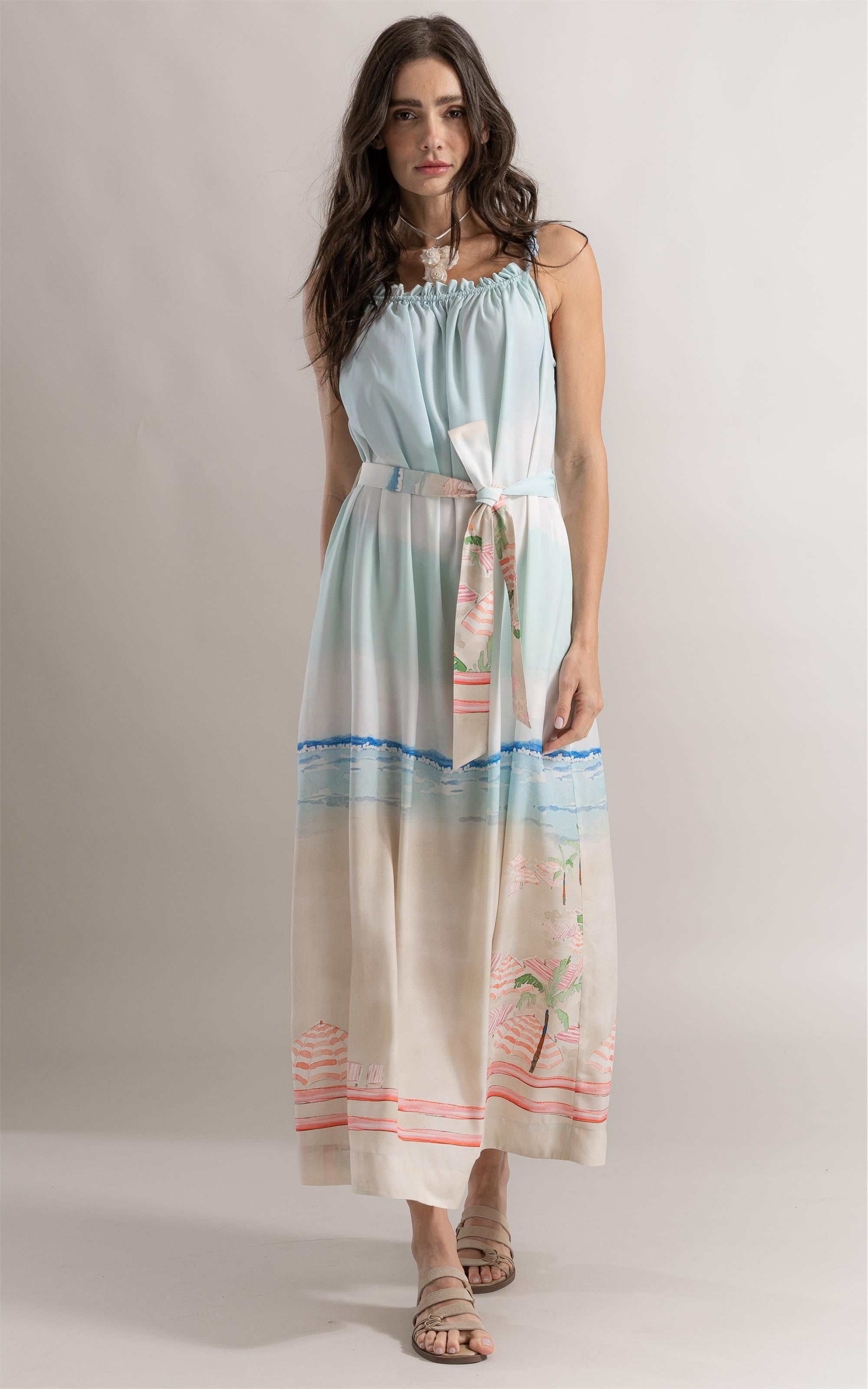 Vestido Anne Prainha Barrado Azul Claro