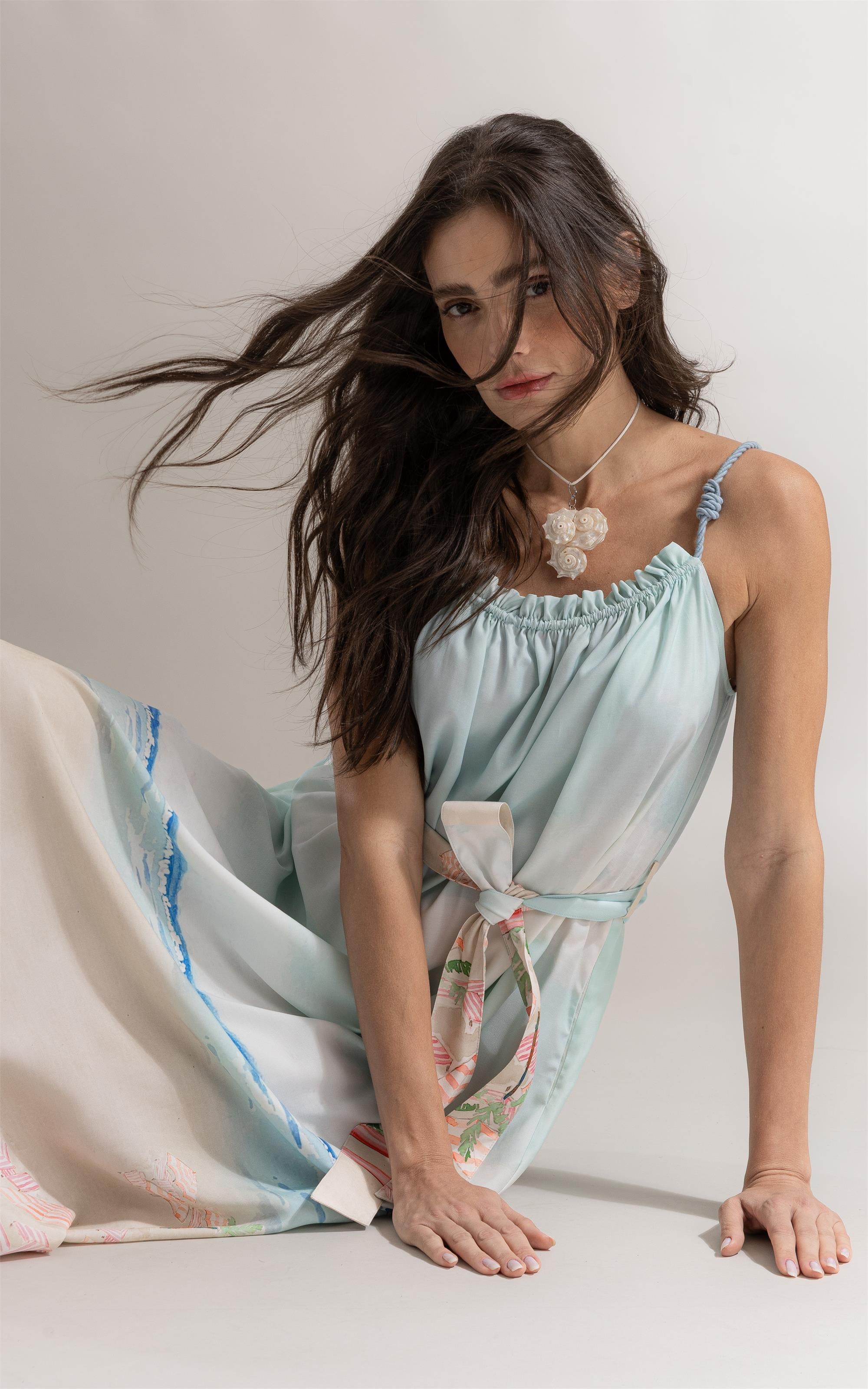 Vestido Anne Prainha Barrado Azul Claro