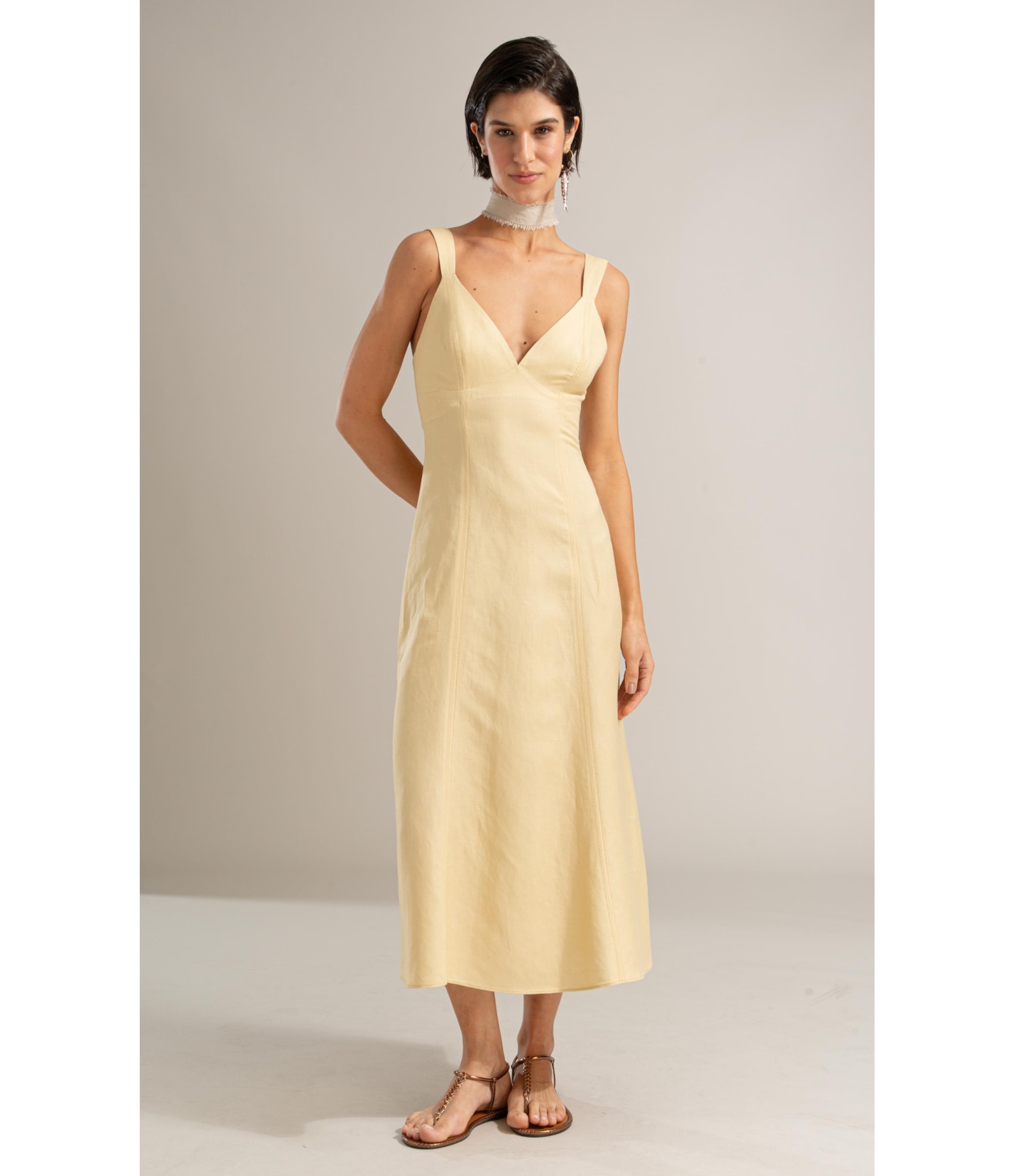 Vestido Balsas Linho Blend Liso Amarelo Claro