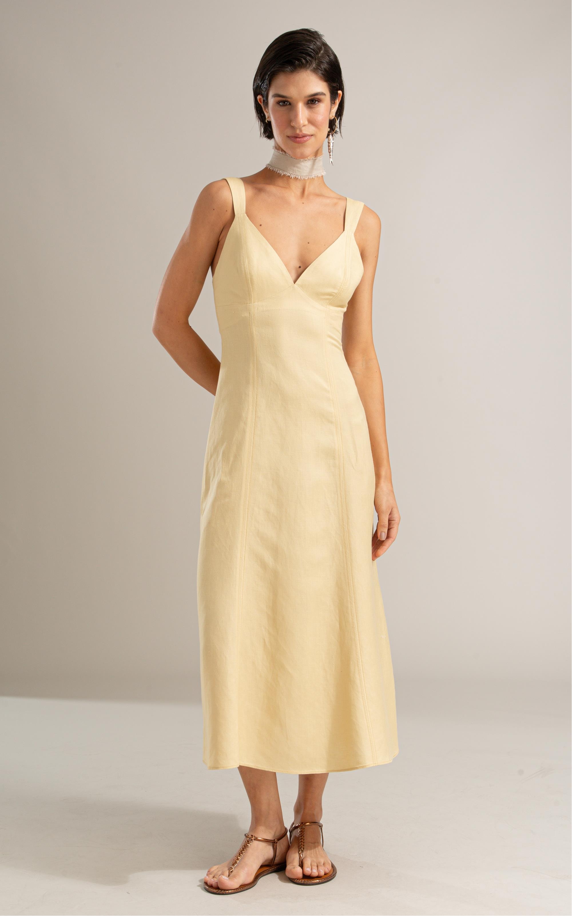 Vestido Balsas Linho Blend Liso Amarelo Claro
