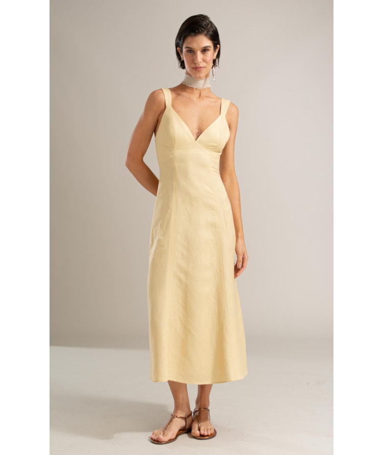 Vestido Balsas Linho Blend Liso Amarelo Claro