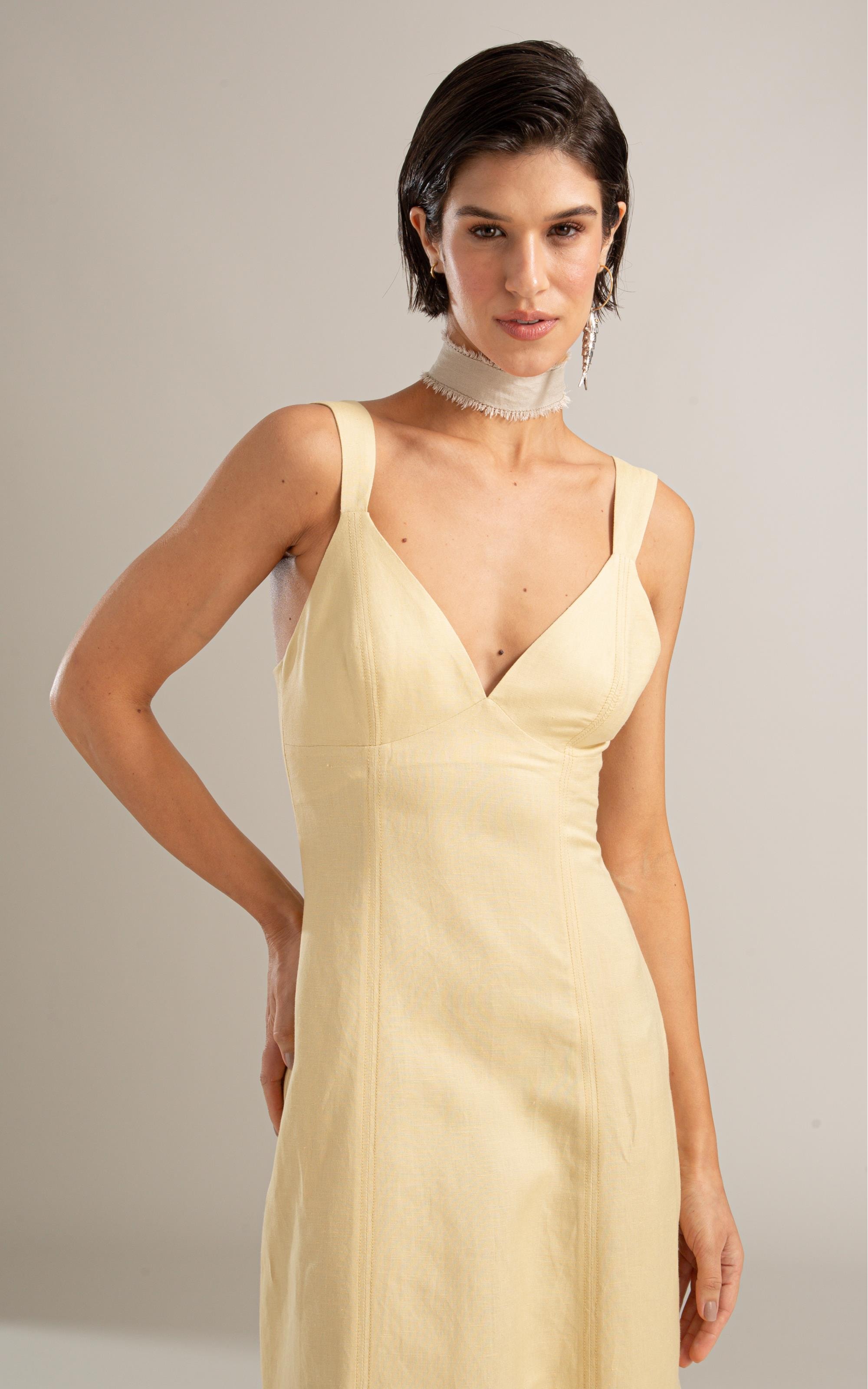 Vestido Balsas Linho Blend Liso Amarelo Claro
