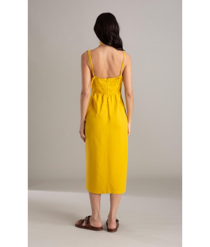 Vestido Betty Linho Blend Liso Mostarda