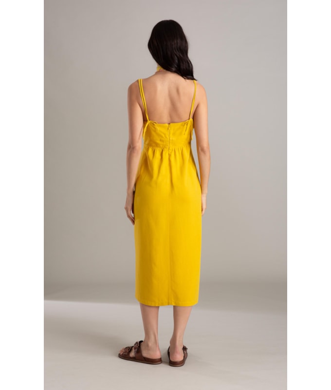 Vestido Betty Linho Blend Liso Mostarda