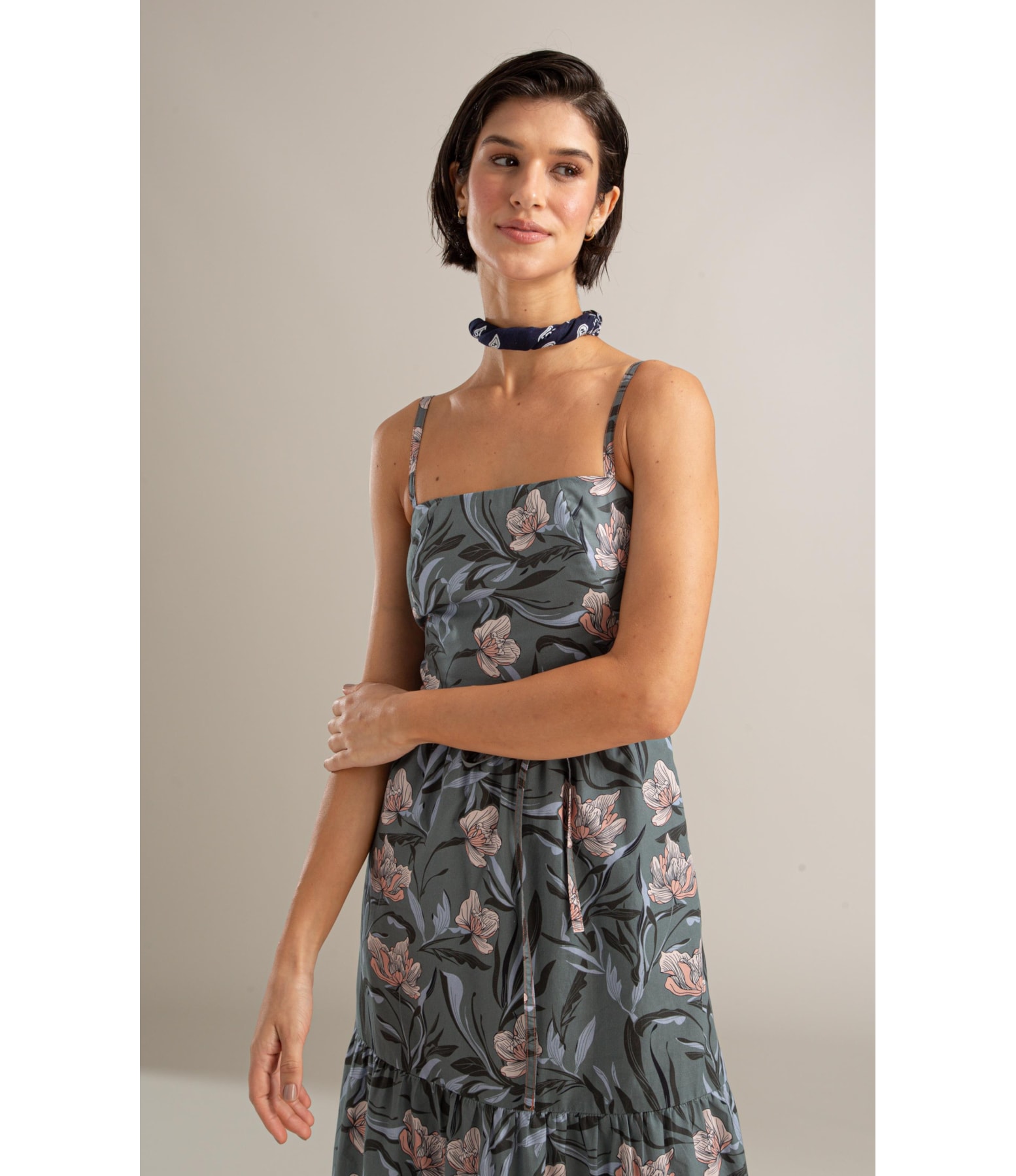 Vestido Carolina Algodao Est Floral Areia