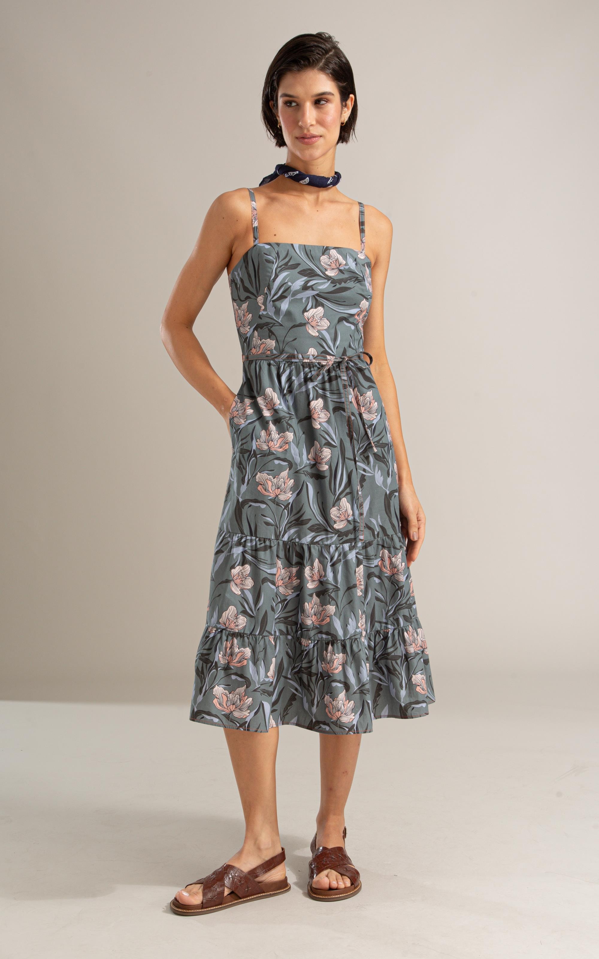 Vestido Carolina Algodao Est Floral Areia