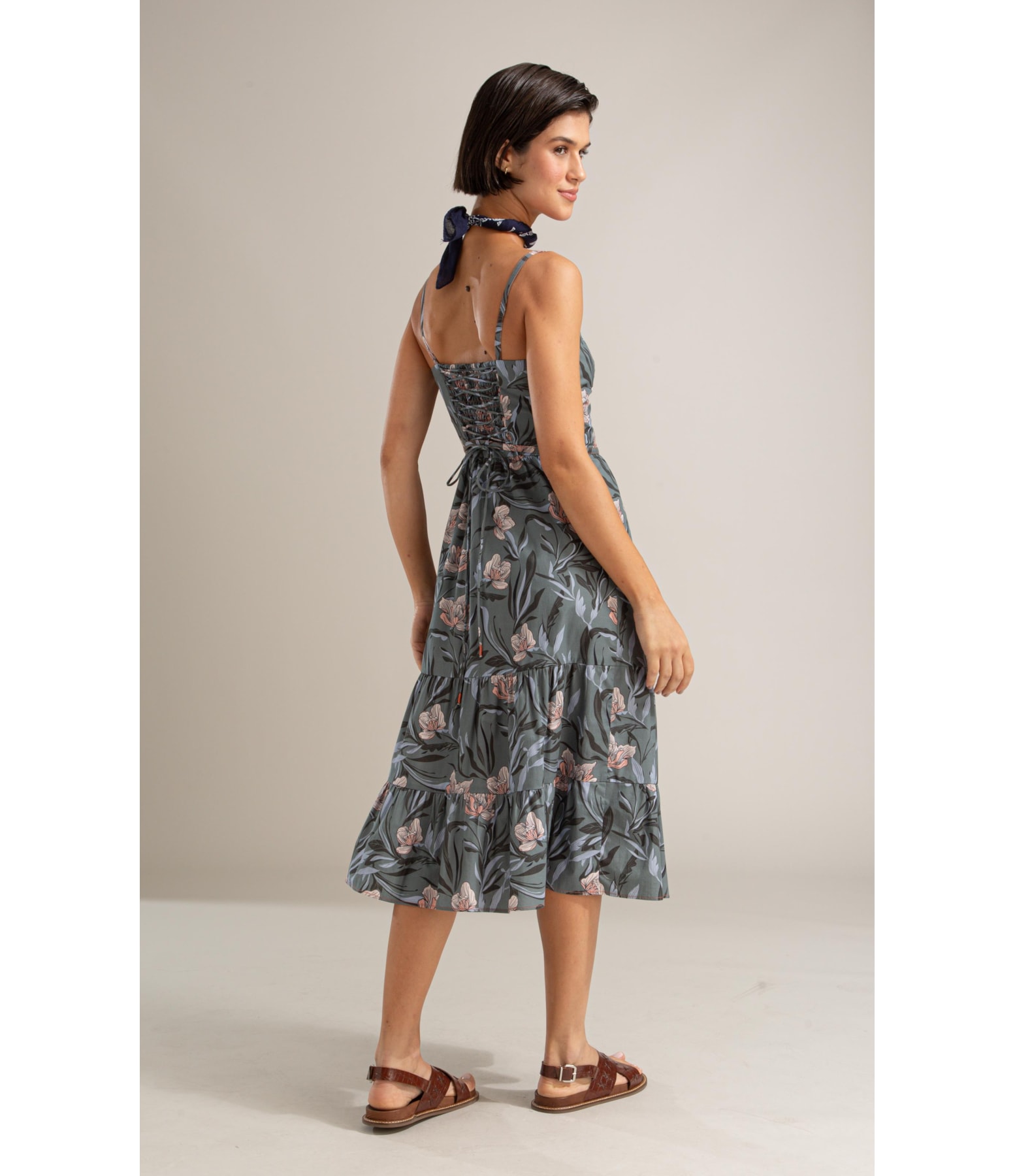 Vestido Carolina Algodao Est Floral Areia