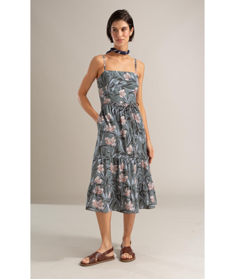 Vestido Carolina Algodao Est Floral Areia