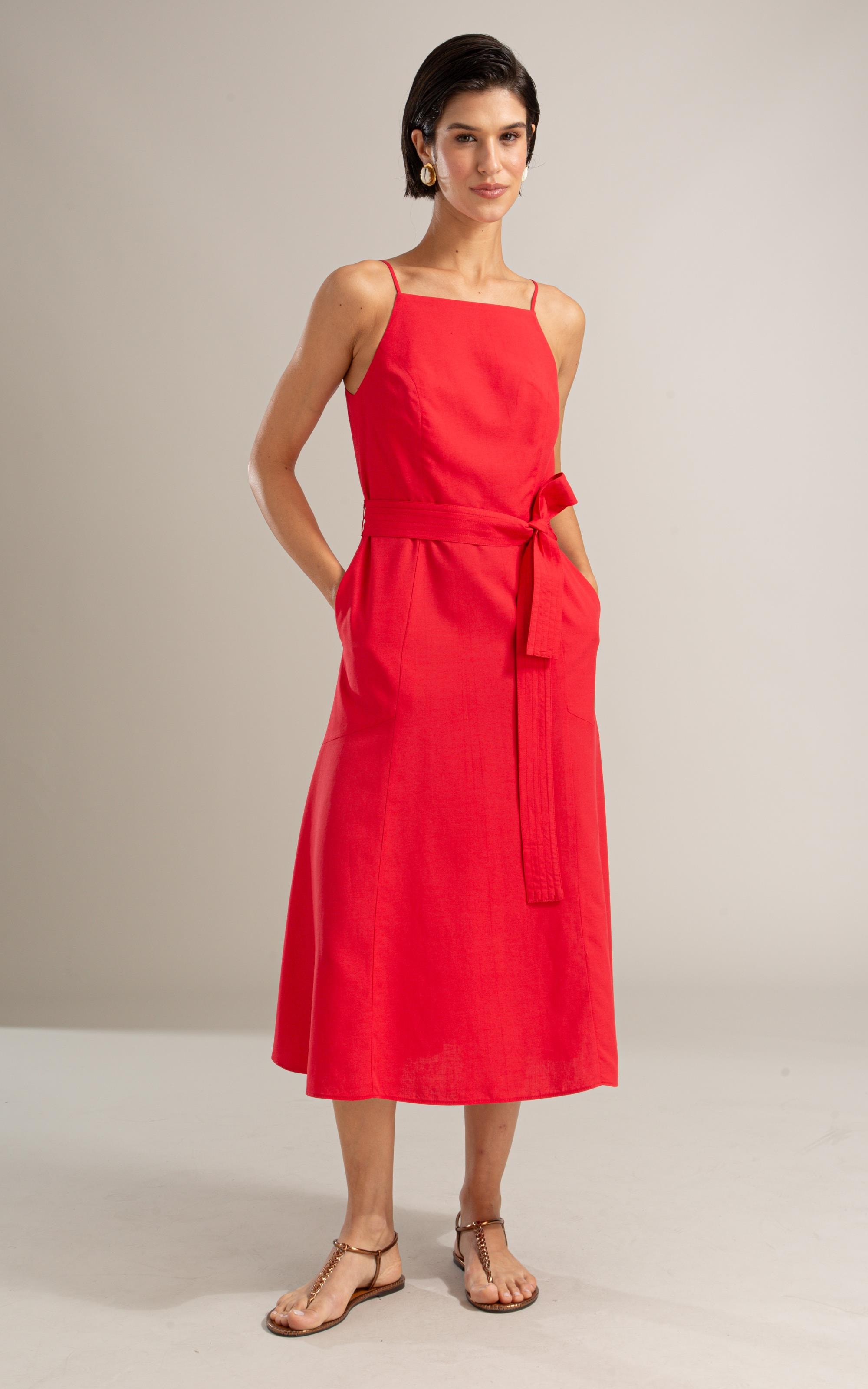 Vestido Coral Linho Blend Liso Vermelho Vivo