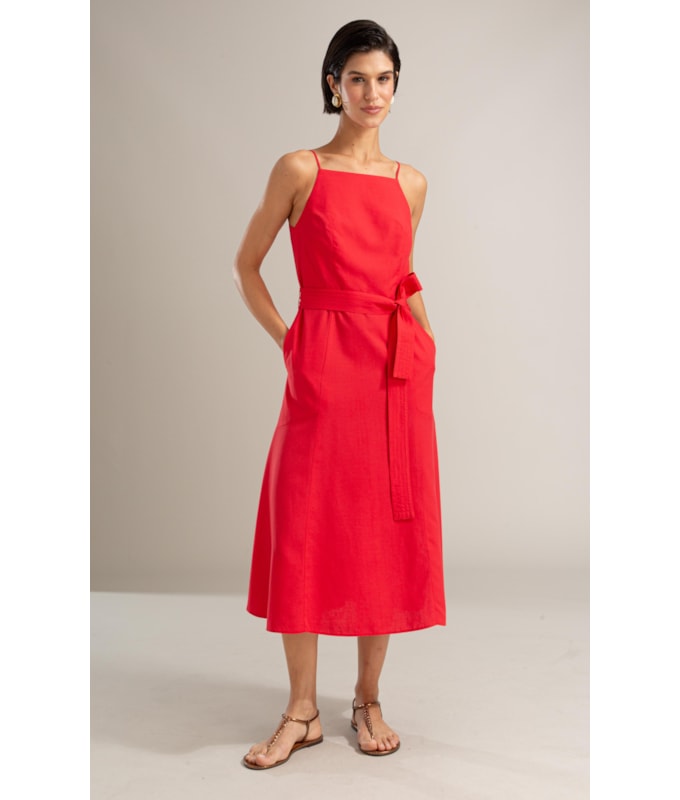 Vestido Coral Linho Blend Liso Vermelho Vivo