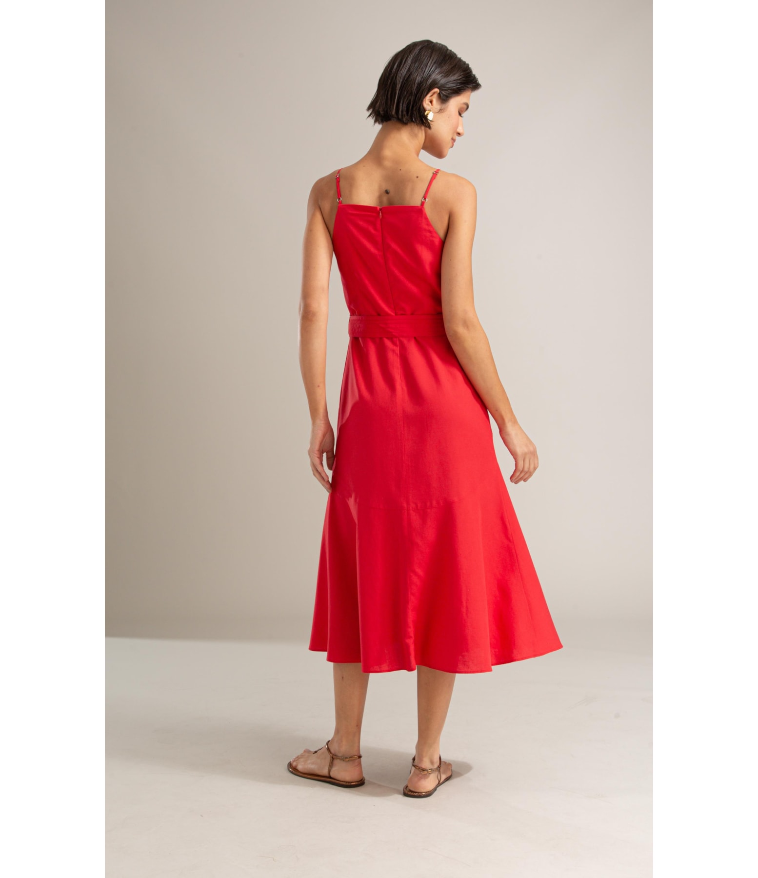 Vestido Coral Linho Blend Liso Vermelho Vivo