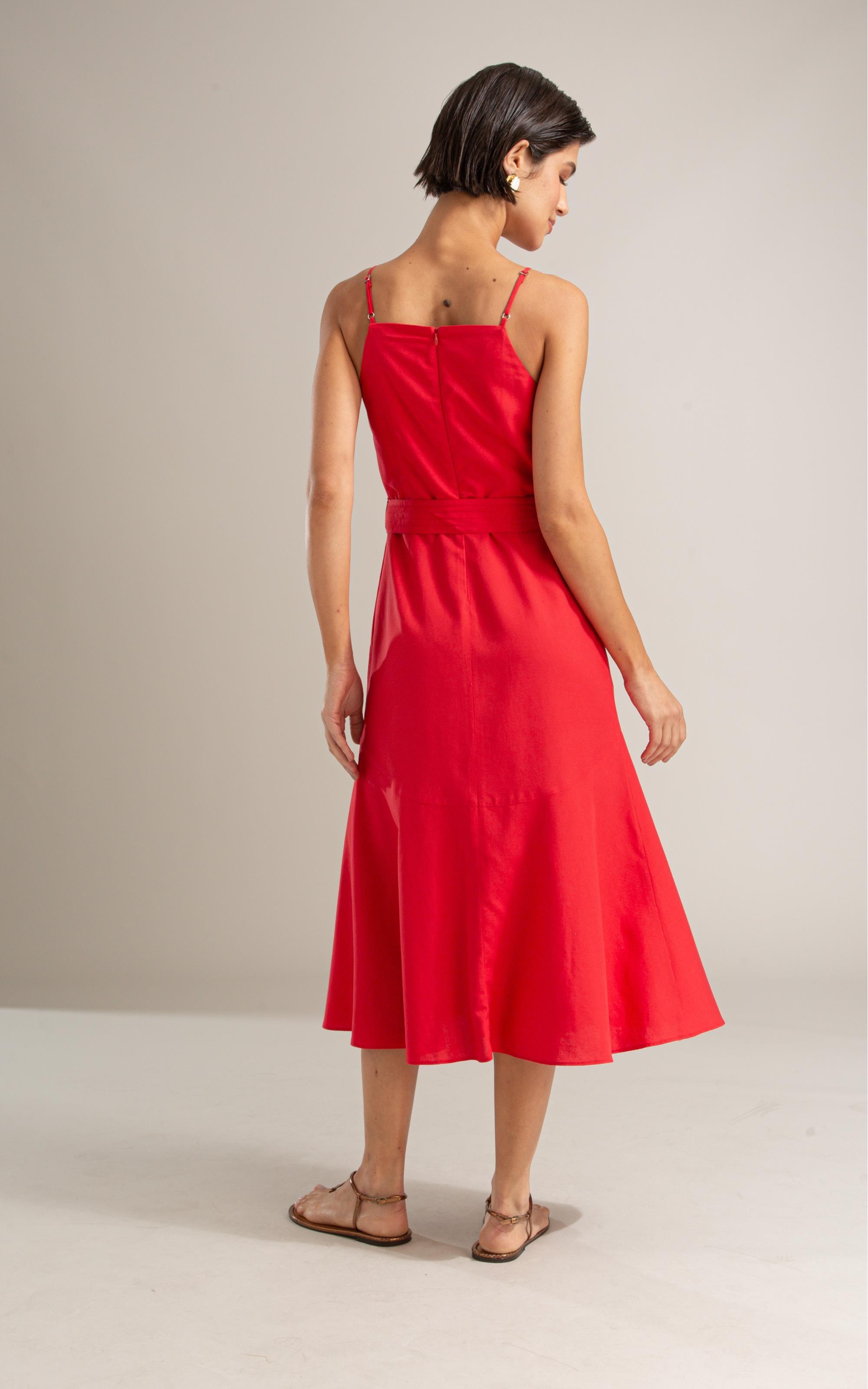Vestido Coral Linho Blend Liso Vermelho Vivo