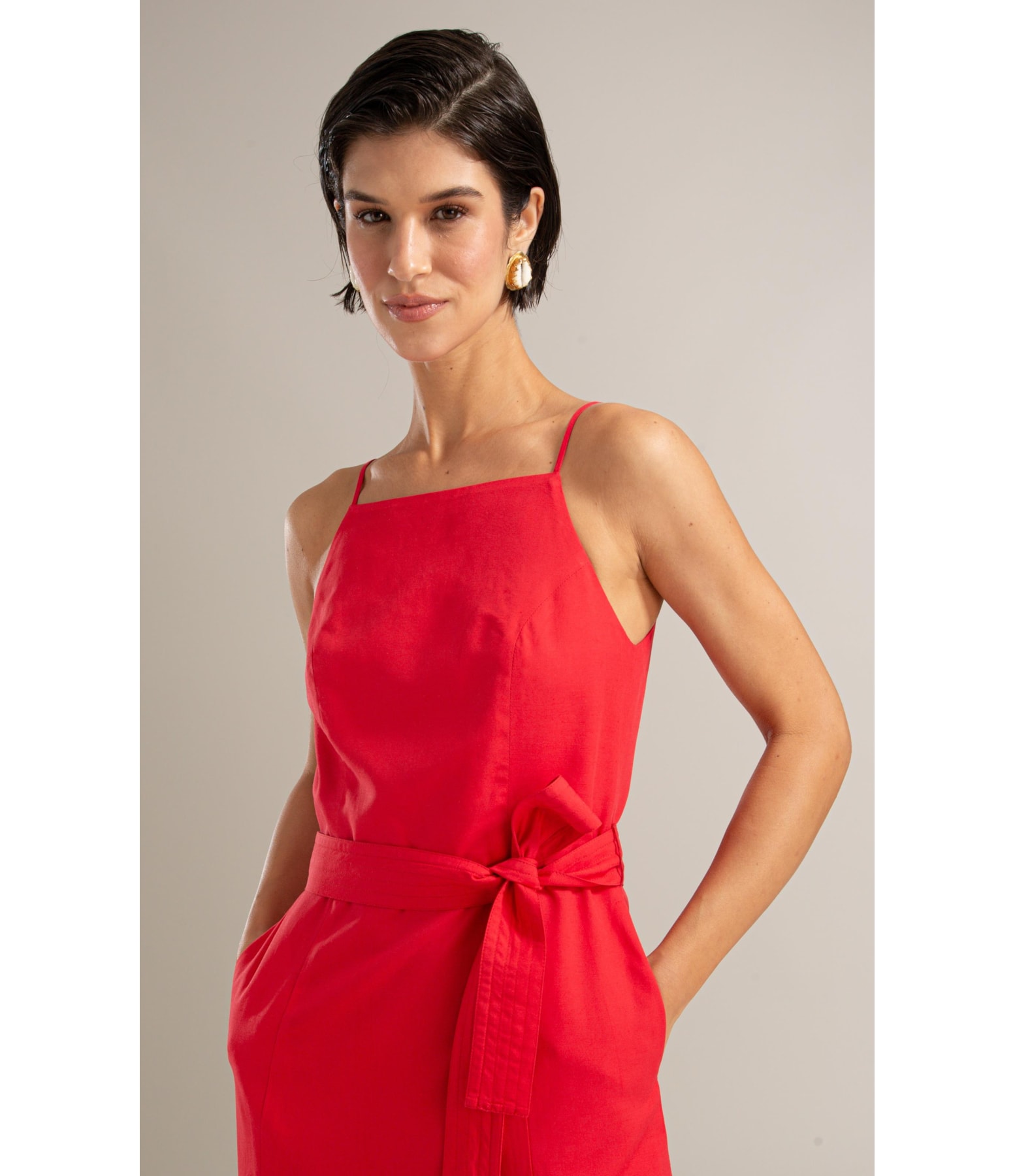 Vestido Coral Linho Blend Liso Vermelho Vivo